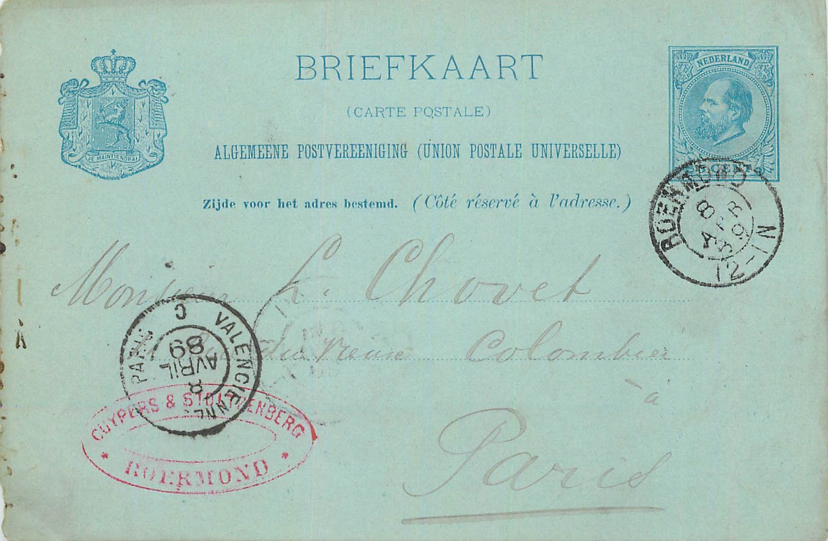 Entier Postal Belgique Roermond 1889 pour Paris Chovet