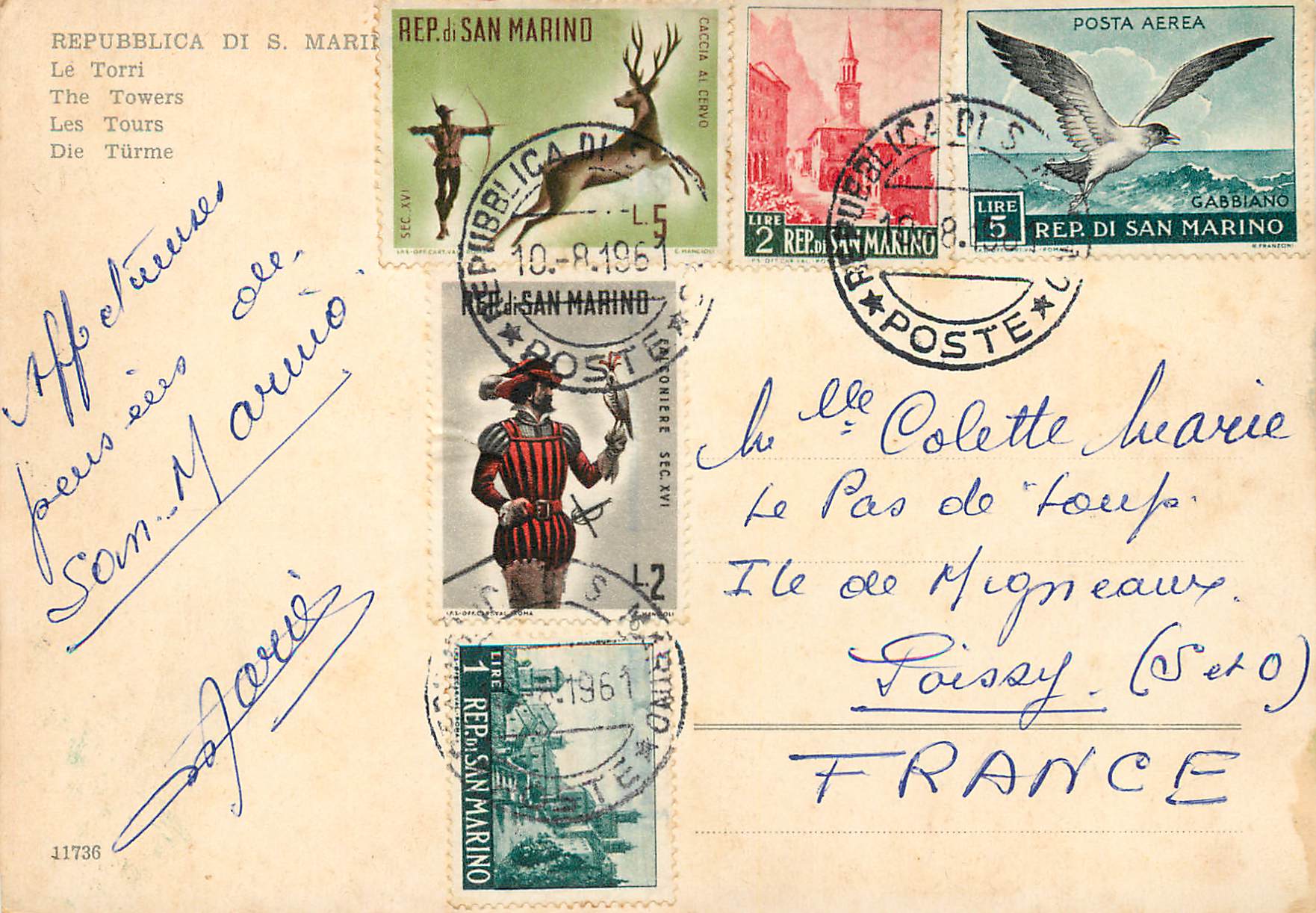 CPM Repubblica di S Marino Les Tours  Chasse Tir a l'arc — Rückseite
