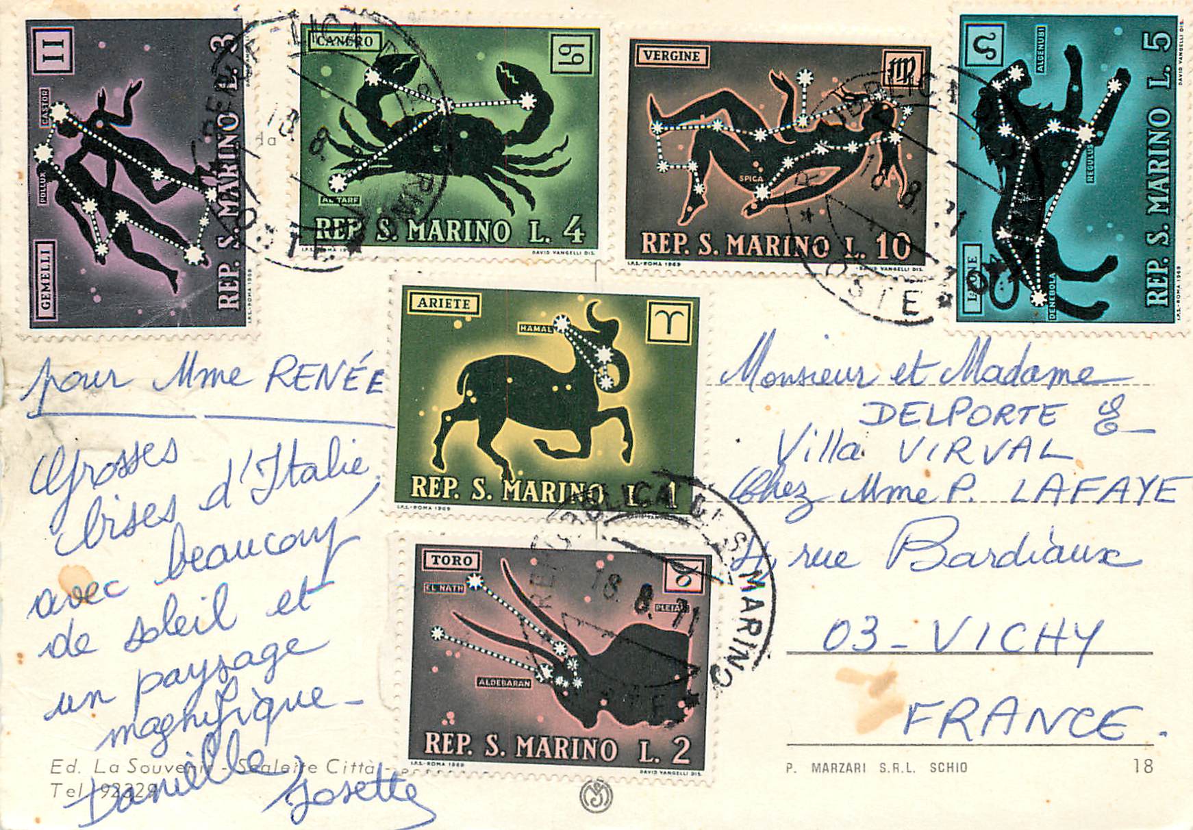 CPM Repubblica di San Marino Astrologie Crabe Lion Taureau — Rückseite