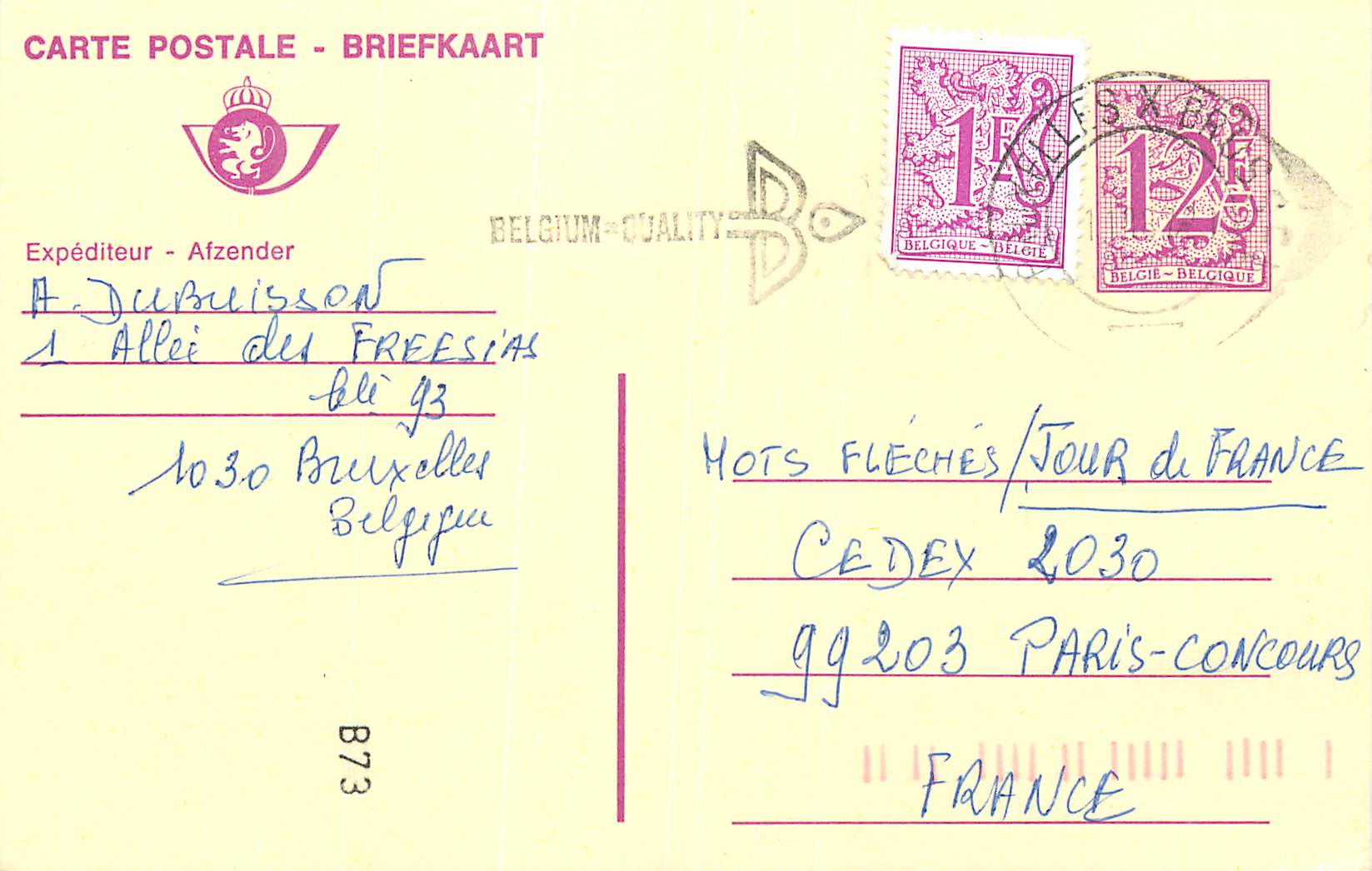 Entier Postal Belgique 1987 pour Paris