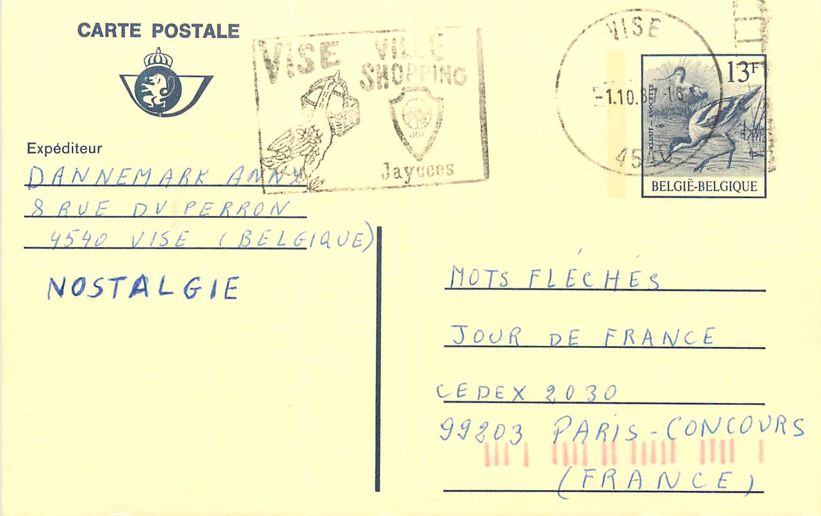 Entier Postal Belgique 1987 pour Paris