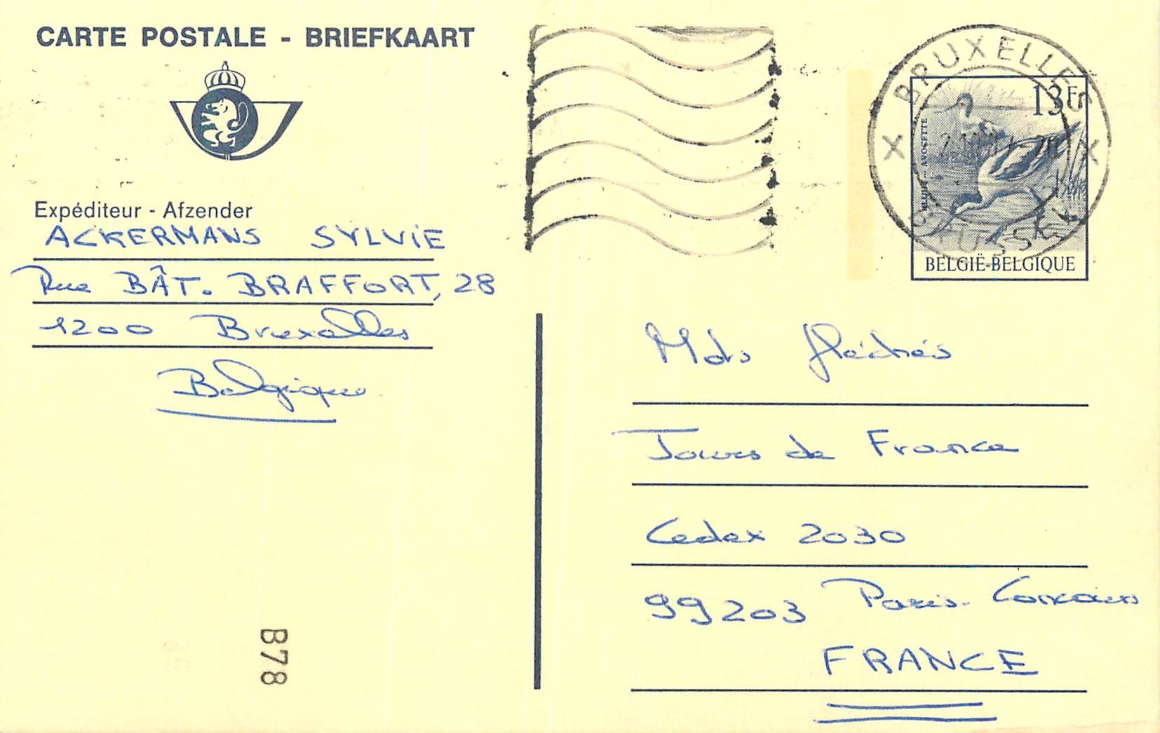 Entier Postal Belgique 1987 pour Paris