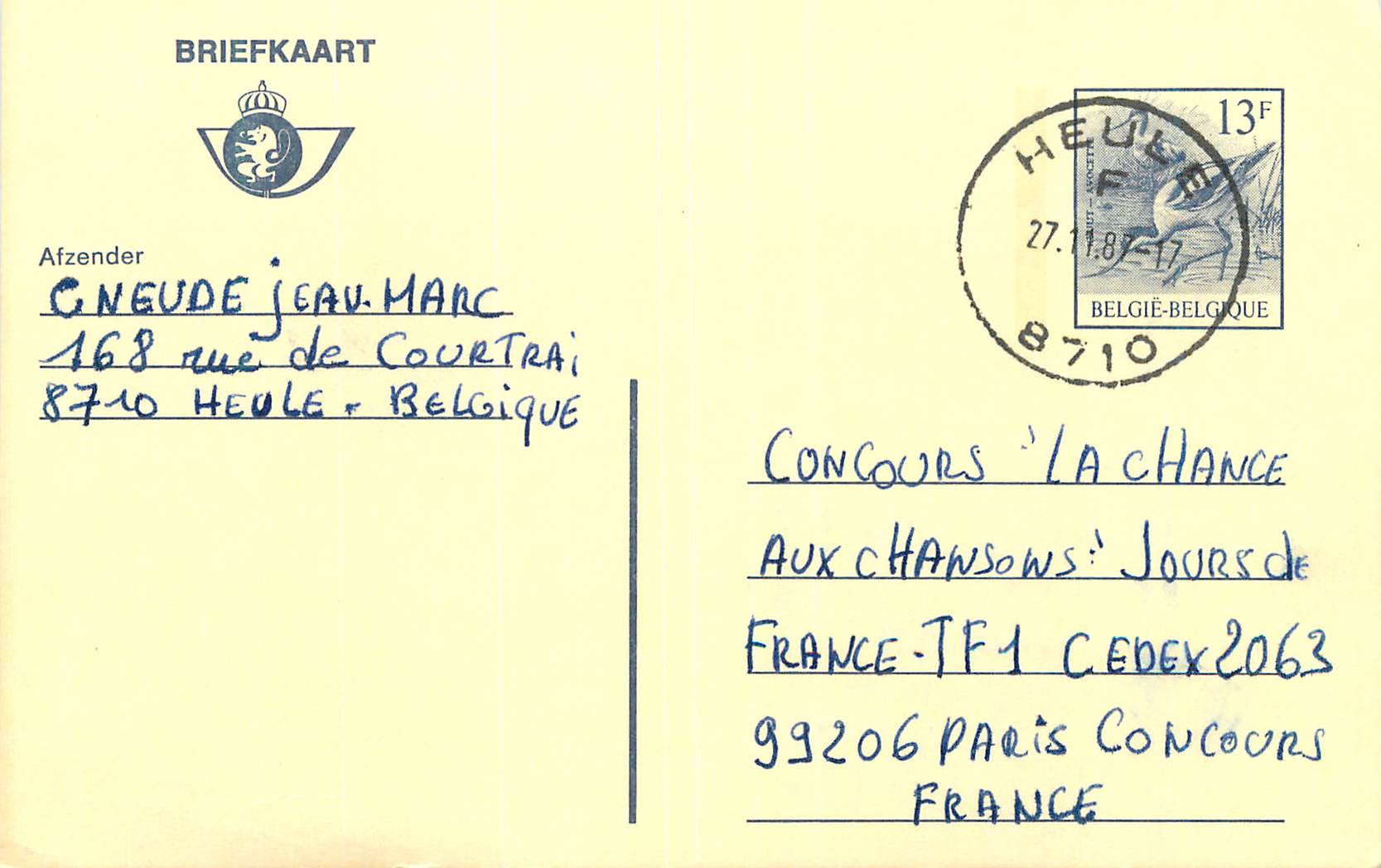 Entier Postal Belgique 1987 pour Paris