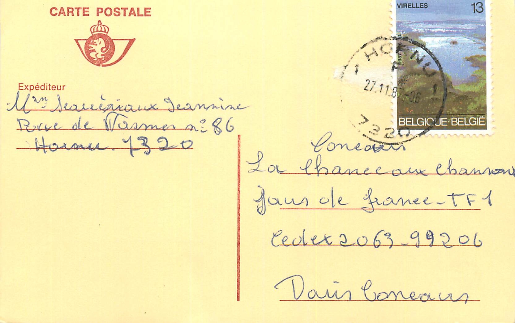 Entier Postal Belgique 1987 Hornu pour Paris