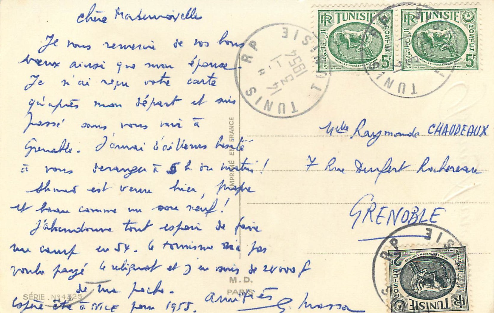 CPM Bonne Annee Fleurs Tunisie pour Grenoble 1954 — Rückseite