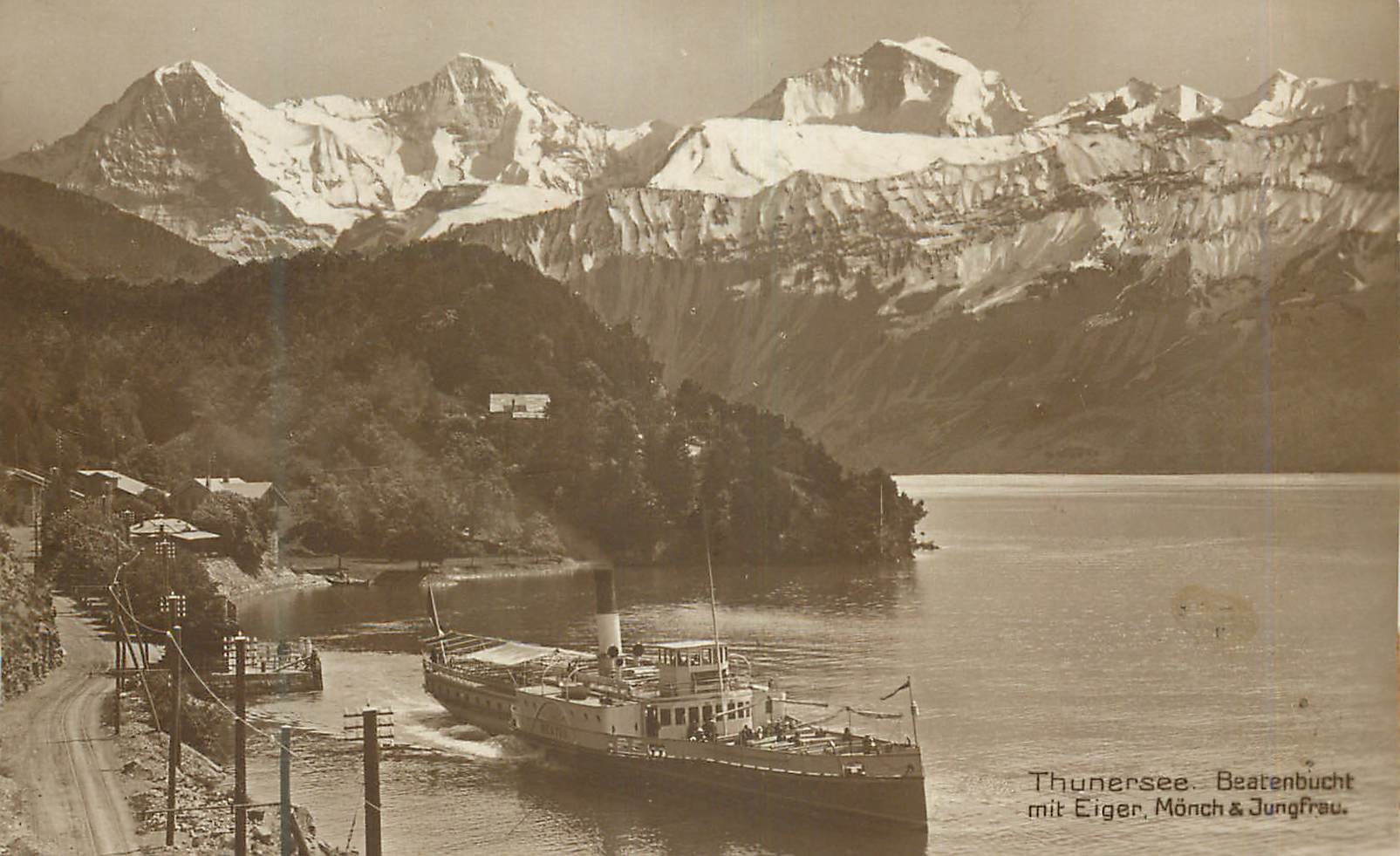 CPA Thunersee Bearenbucht mit Eiger Monch Jungfrau Bateau