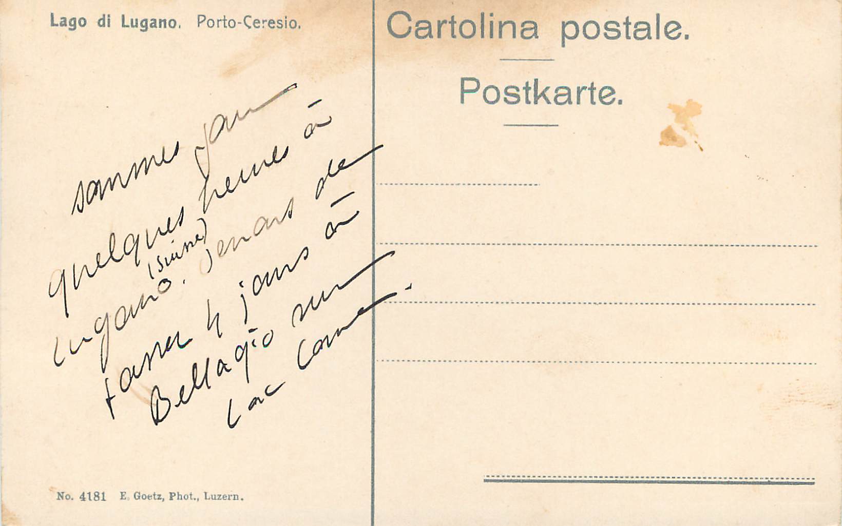 CPA Lago di Lugano Porto Ceresio  — Verso
