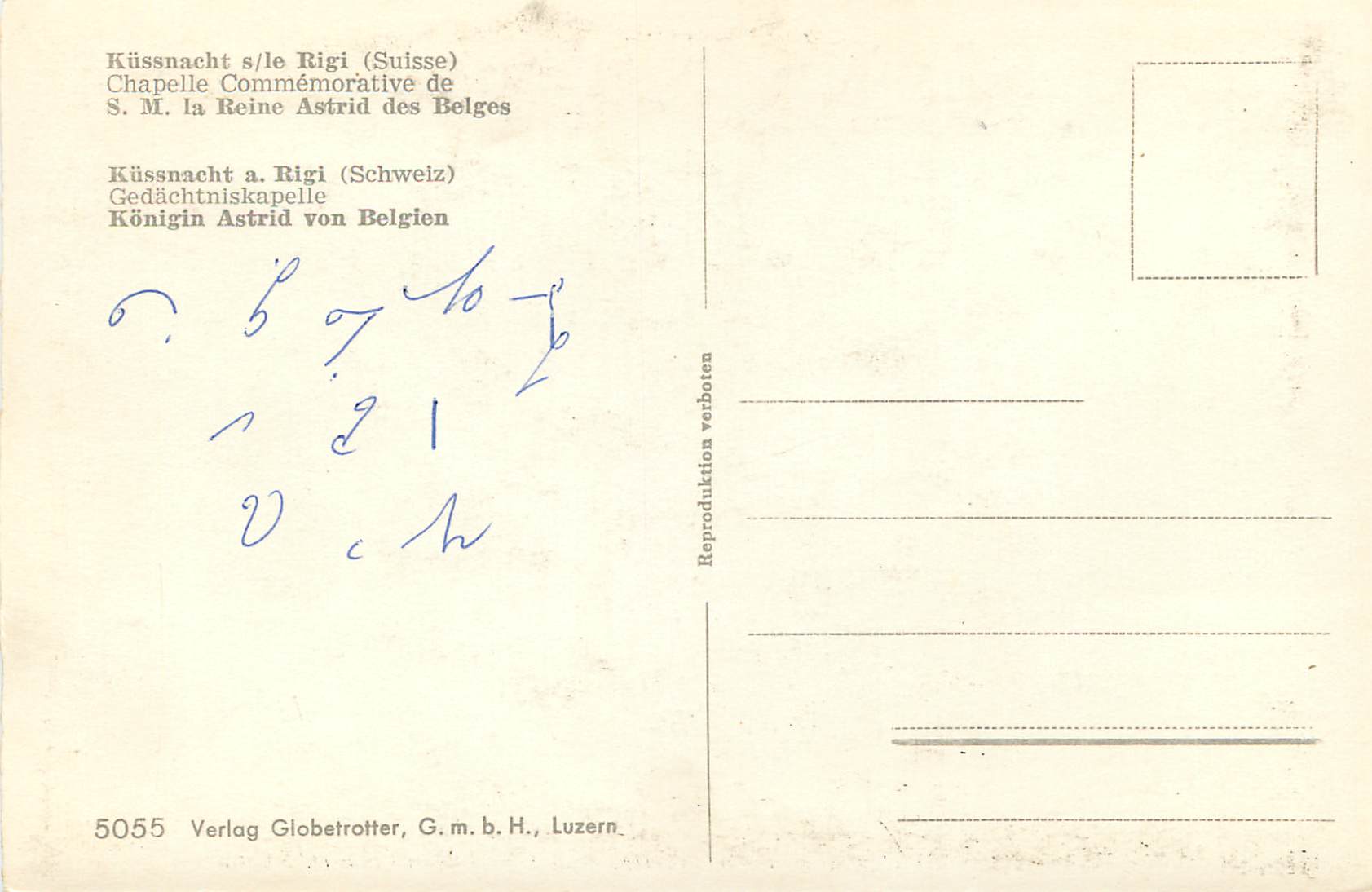 CPA Kussnacht s le Rigi Suisse Chapelle Commemorative de SM la Reine Astrid des Belges  — Rückseite