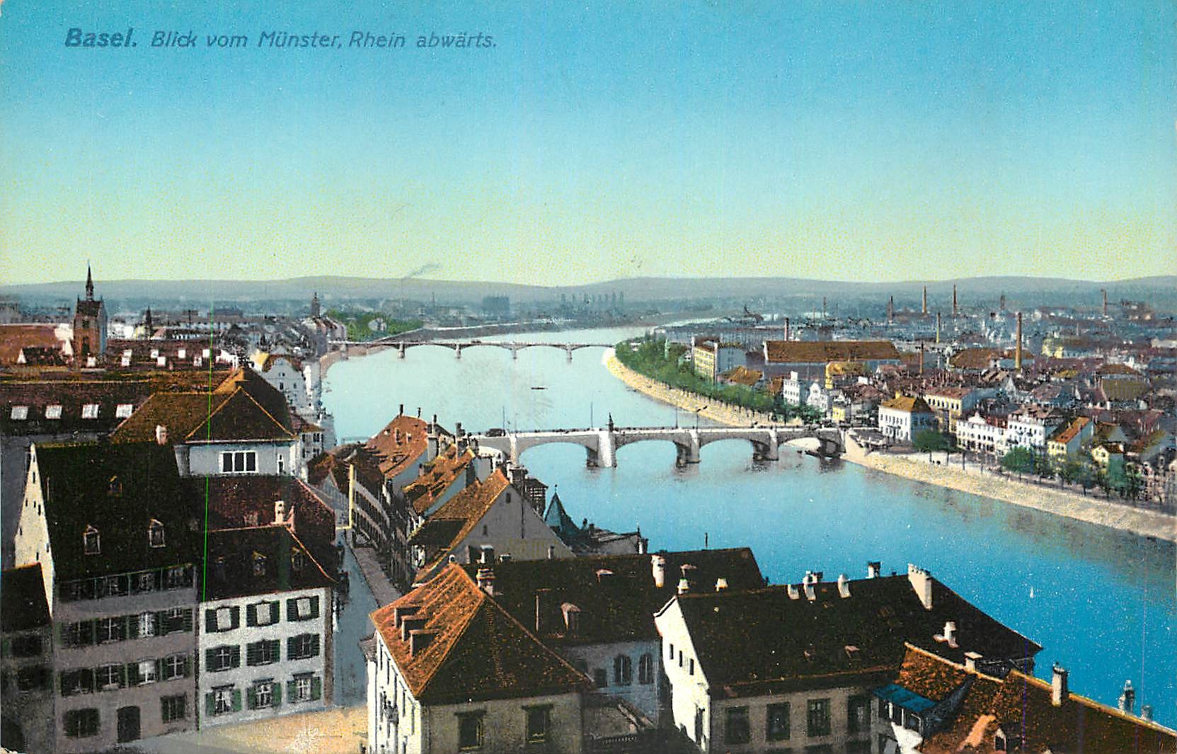 CPA Basel Blick vom Munster Rhein abwarts 