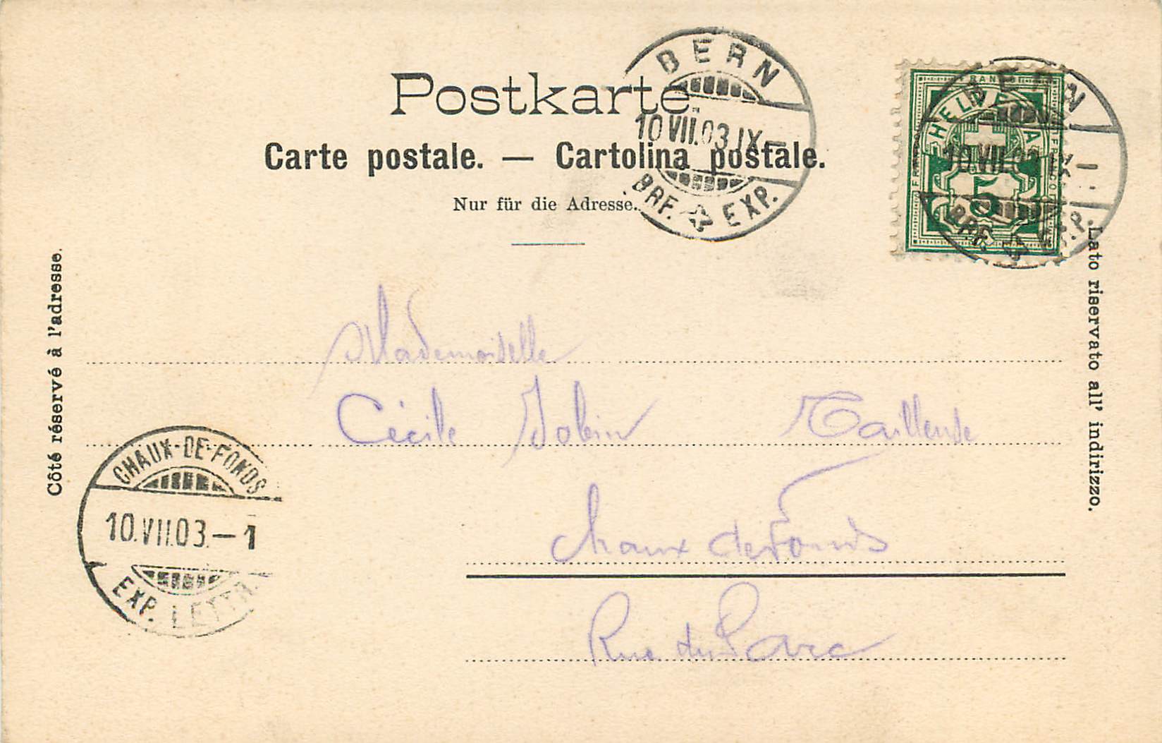 CPA Bern Rathaus und katholische Kirche  — Rückseite