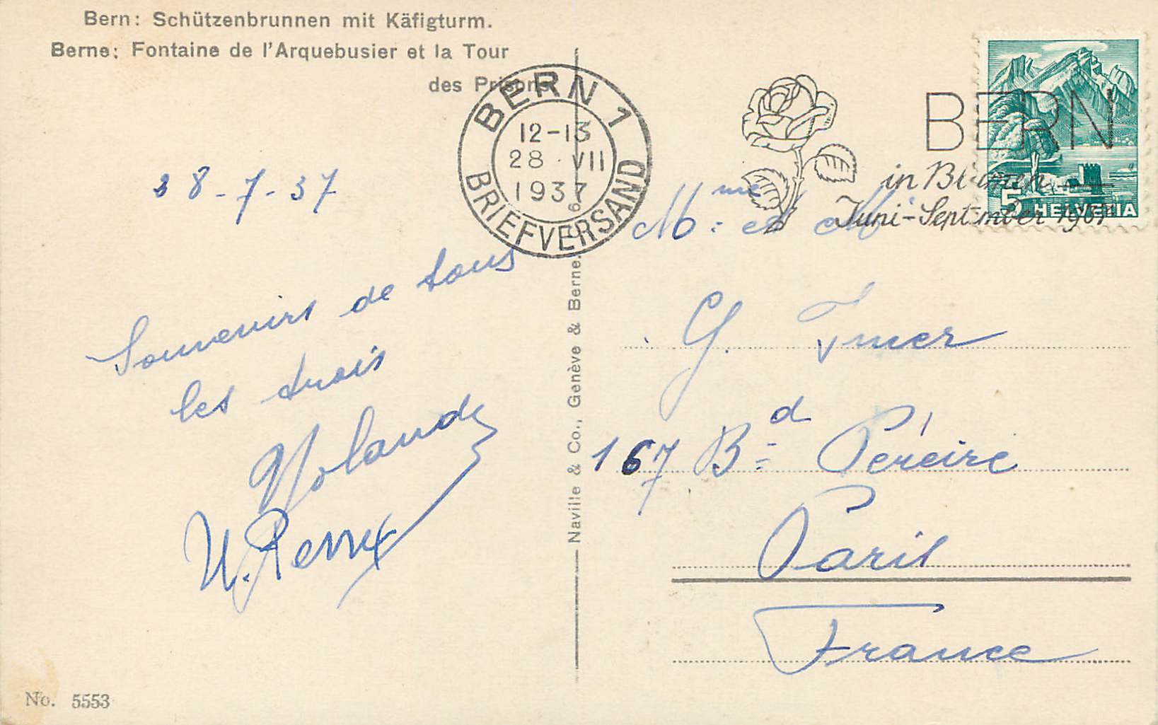 CPA Berne Fontaine de l Arquebusier et la tour  — Rückseite