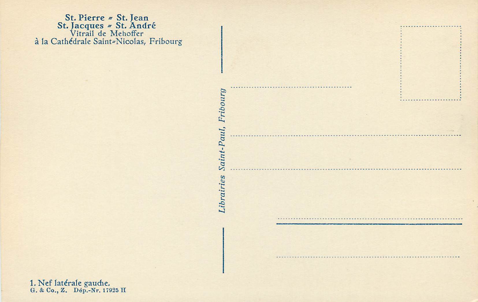 CPA St Pierre St Jean St Jacques St Andre Vitrail de Mehoffer a la Cathedrale Saint Nicholas Fribourg  — Verso