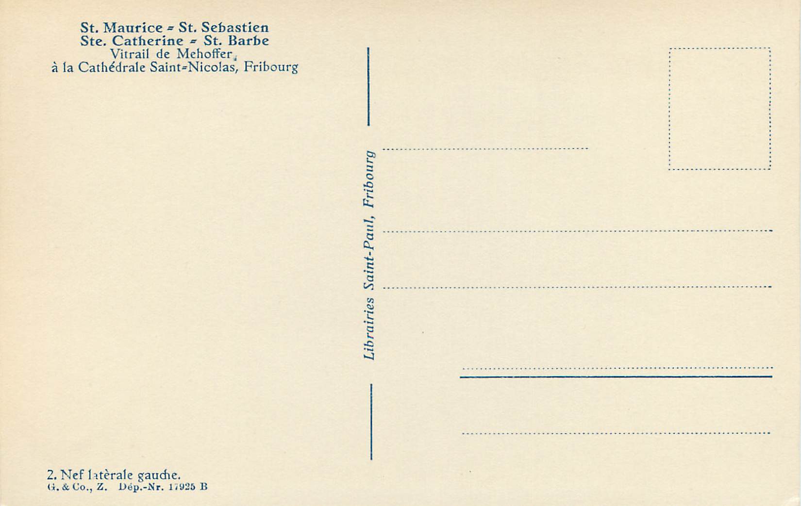 CPA St Maurice St Sebastien Ste Catherine St Barbe Vitrail de Mehoffer a la Cathedrale Saint Nicholas Fribourg  — Verso