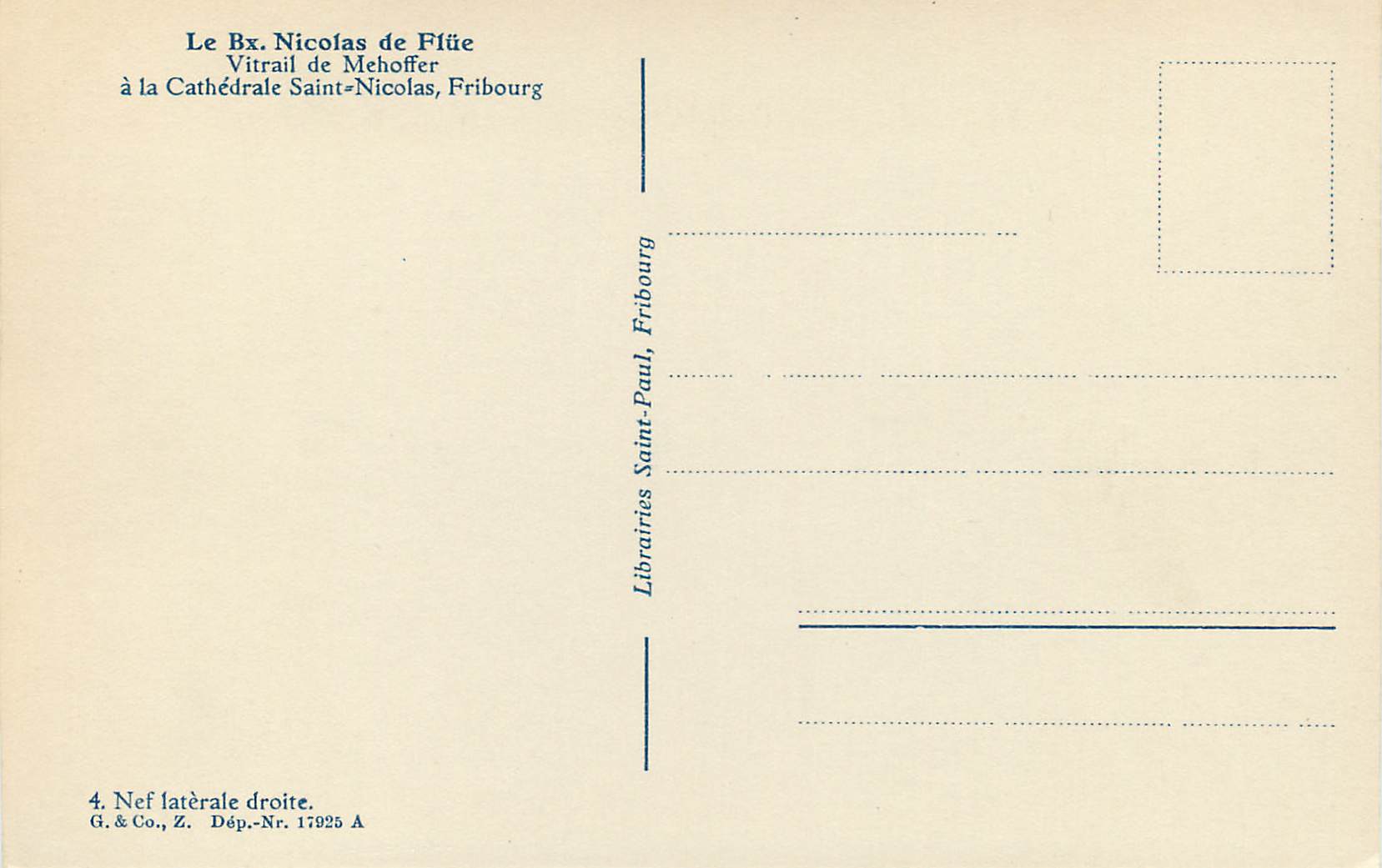CPA Le Bx Nicolas de Flue Vitrail de Mehoffer a la Cathedrale Saint Nicholas Fribourg  — Verso