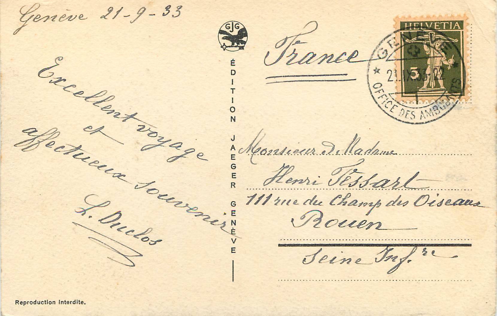 CPA Geneve La Rade et le Mont Blanc Bateaux — Verso