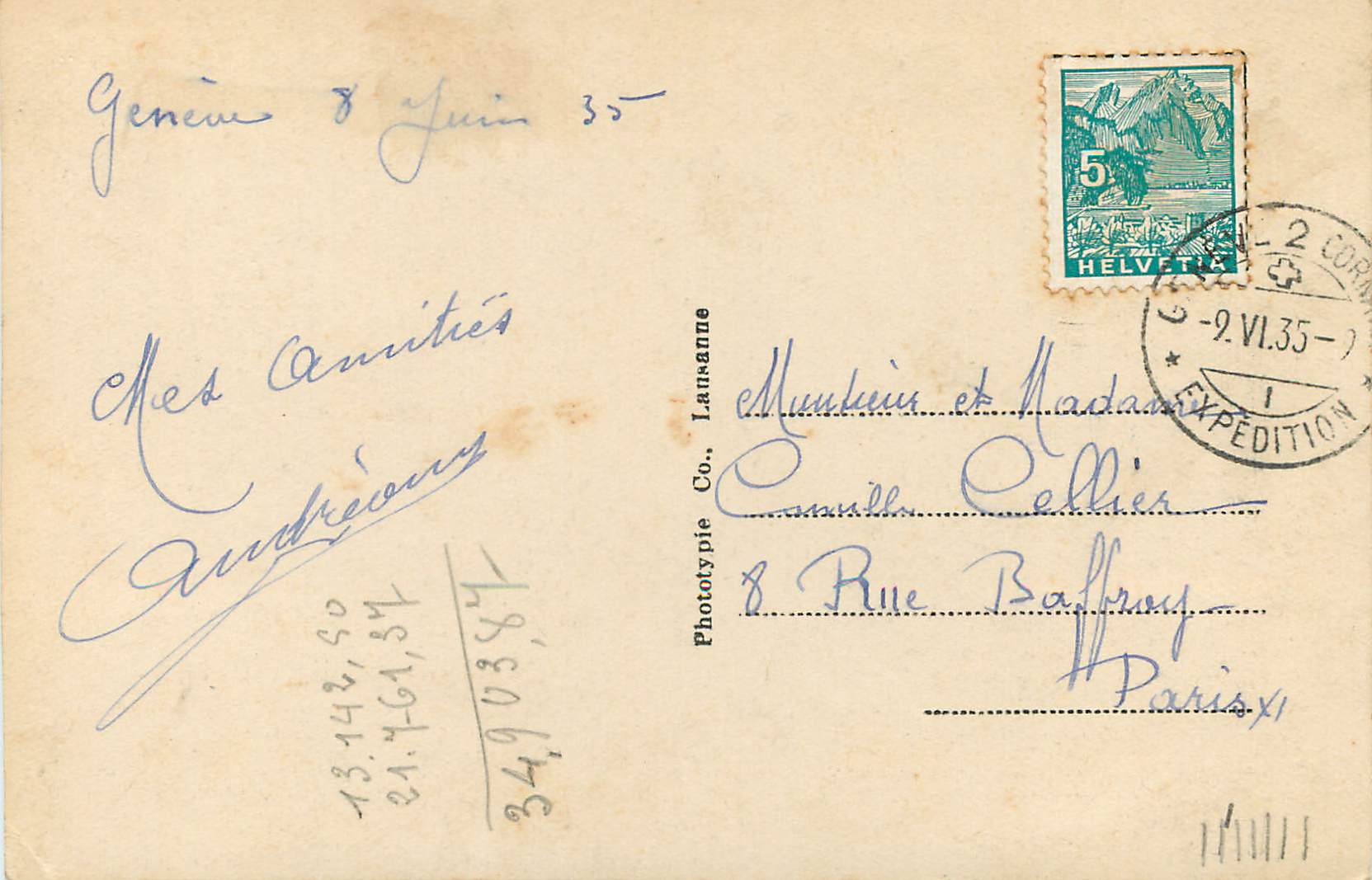 CPA Geneve Ile de JJ Rousseau et Pont du Mt Blanc  — Verso