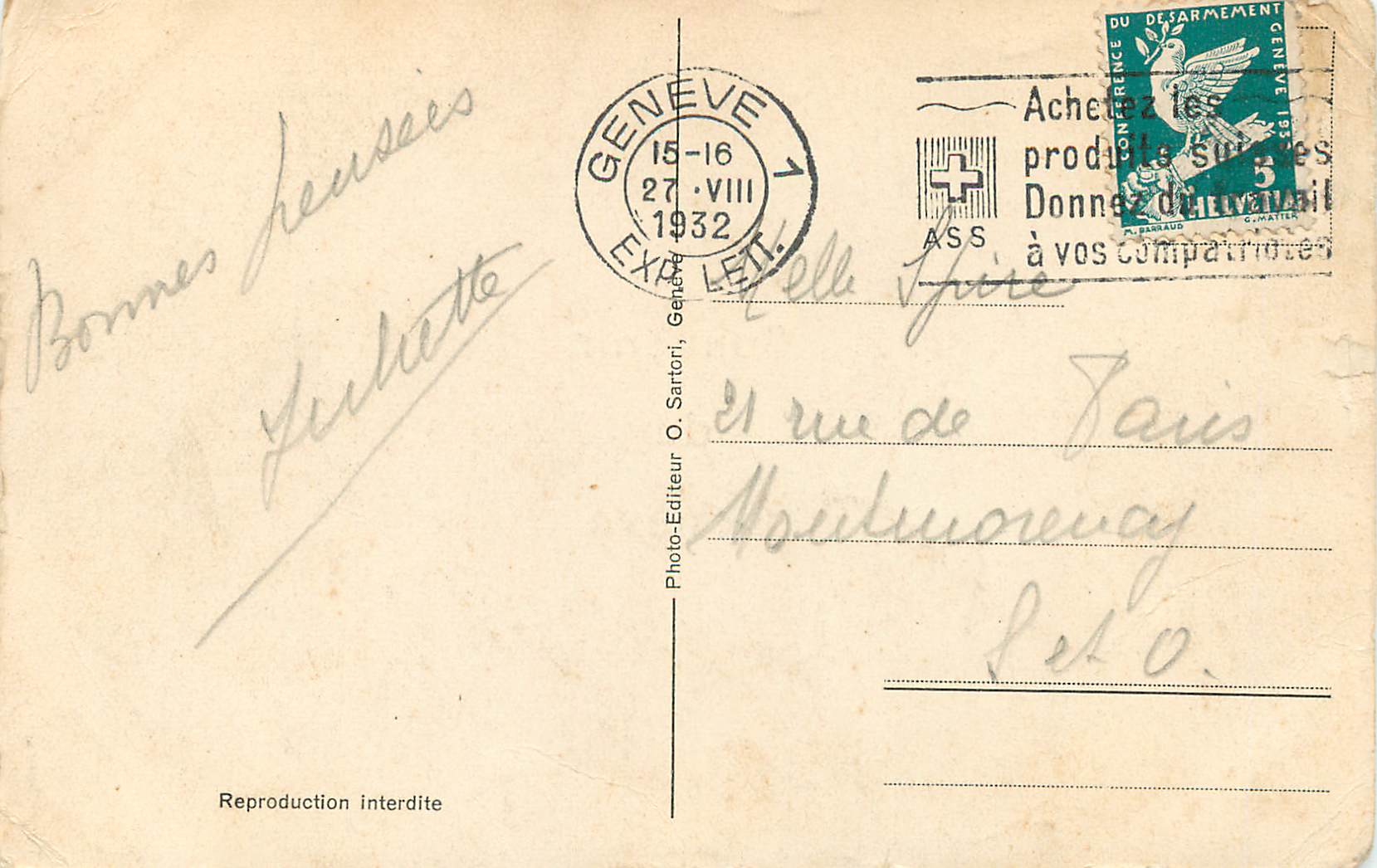CPA Souvenir de Geneve  — Rückseite