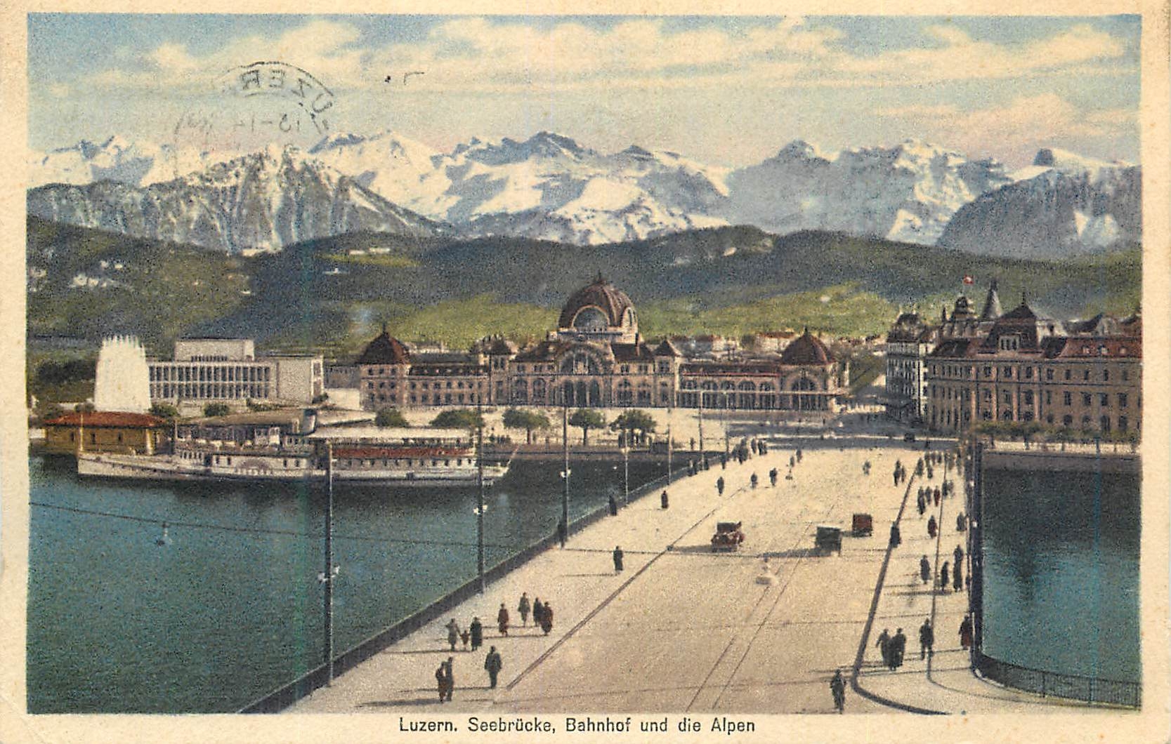 CPA Luzern Seebrucke Bahnhof und die Alpen 