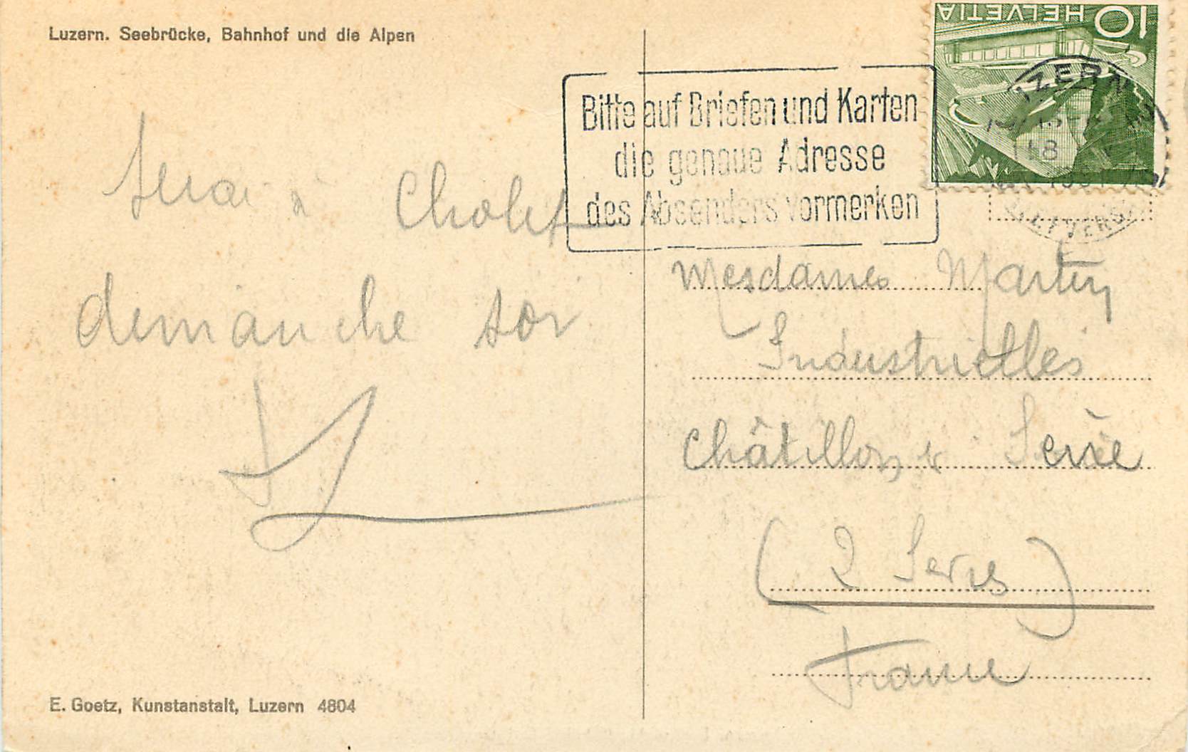 CPA Luzern Seebrucke Bahnhof und die Alpen  — Verso