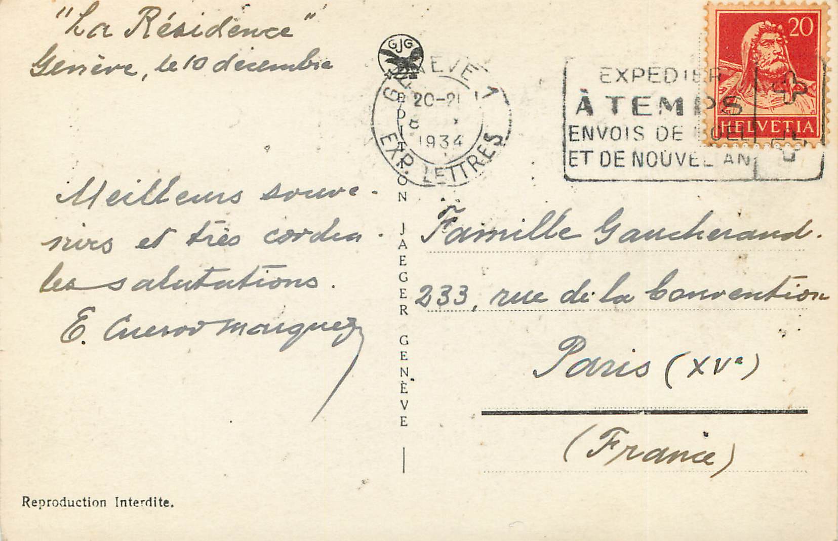 CPA Geneve Ile JJ Rousseau et le Mont Blanc  — Rückseite