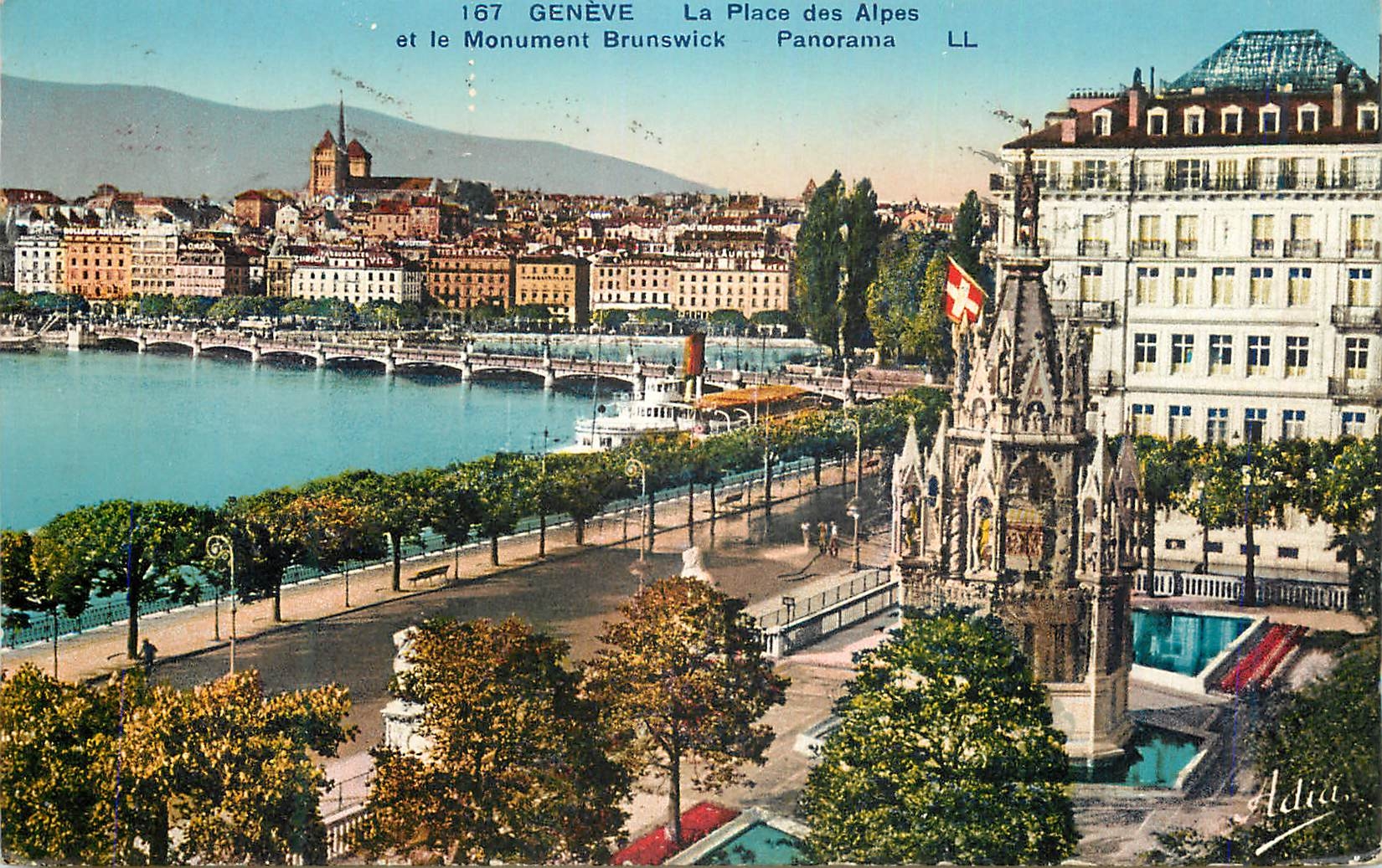 CPA Geneve La place des Alpes et le Monument Brunswick Panorama Bateau
