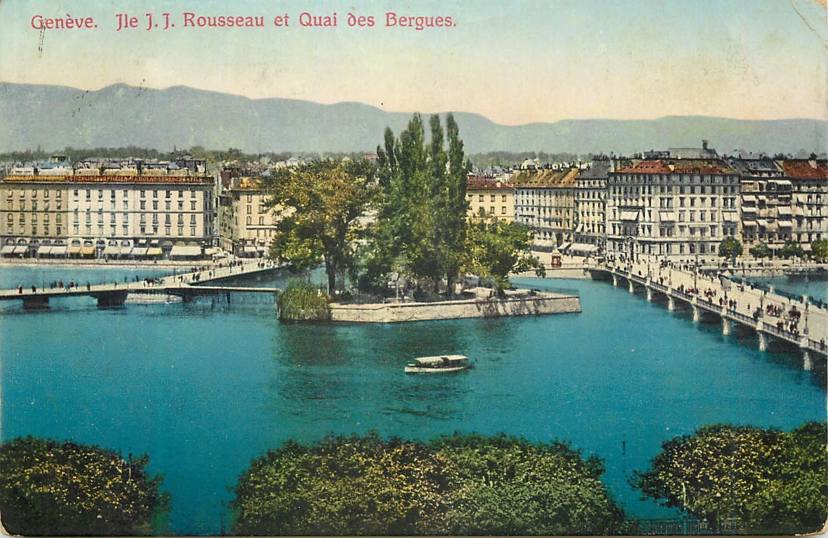 CPA Geneve Ile JJ Rousseau et Quai des Bergues 