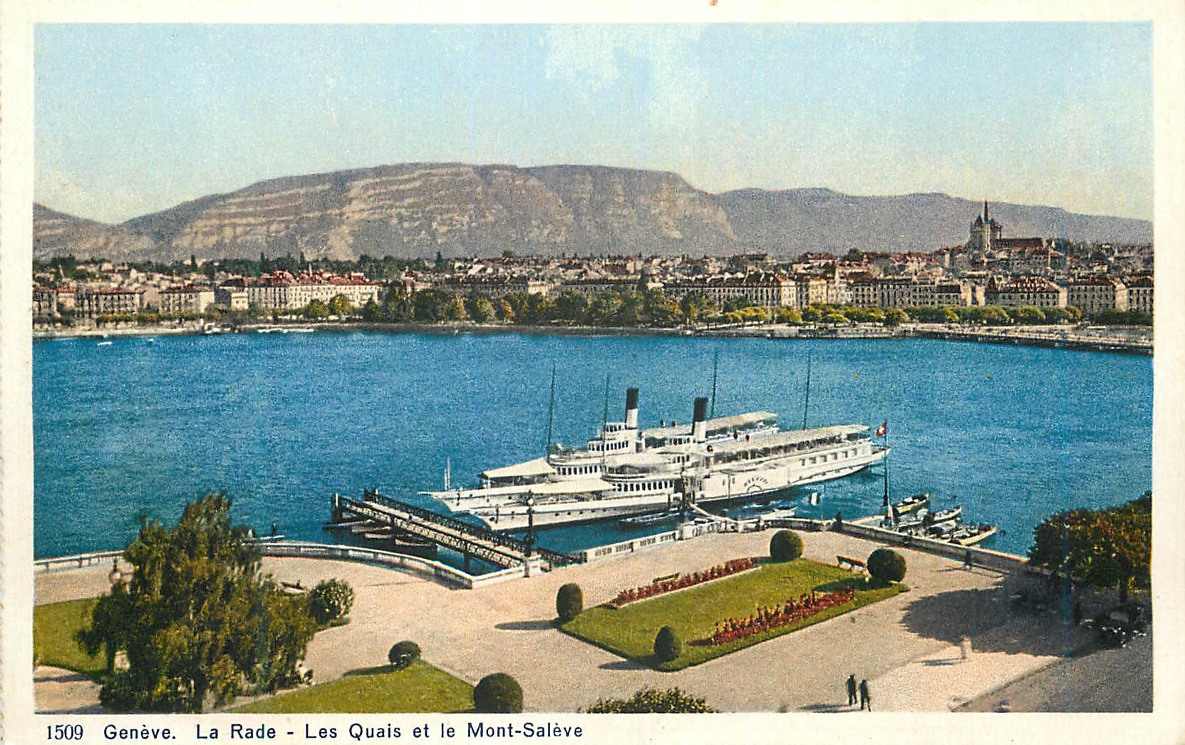 CPA Geneve La Rade Les Quais et le Mont Saleve Bateau