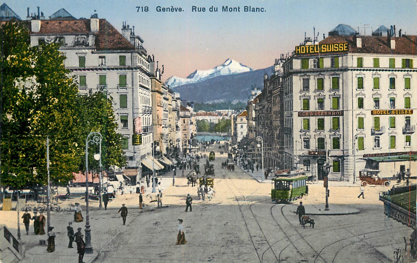 CPA Geneve Rue du Mont Blanc Hotel Suisse Tramway