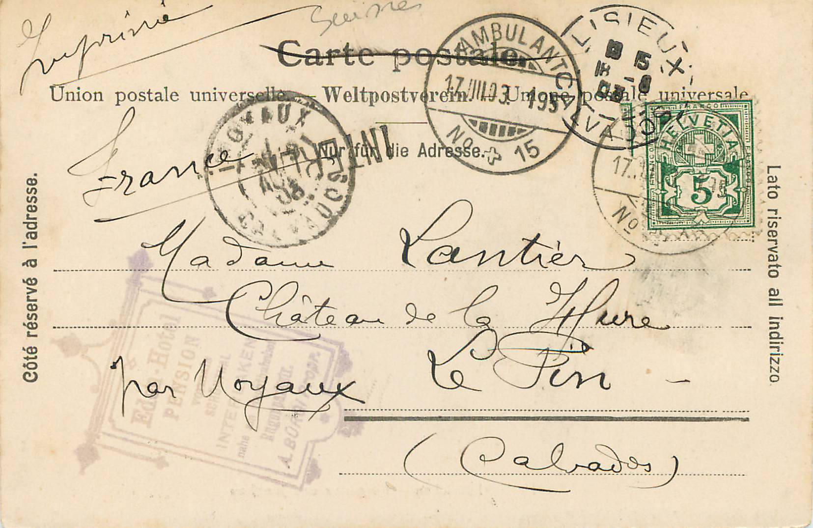 CPA Interlaken Kurgarten und Jungfrau  — Rückseite