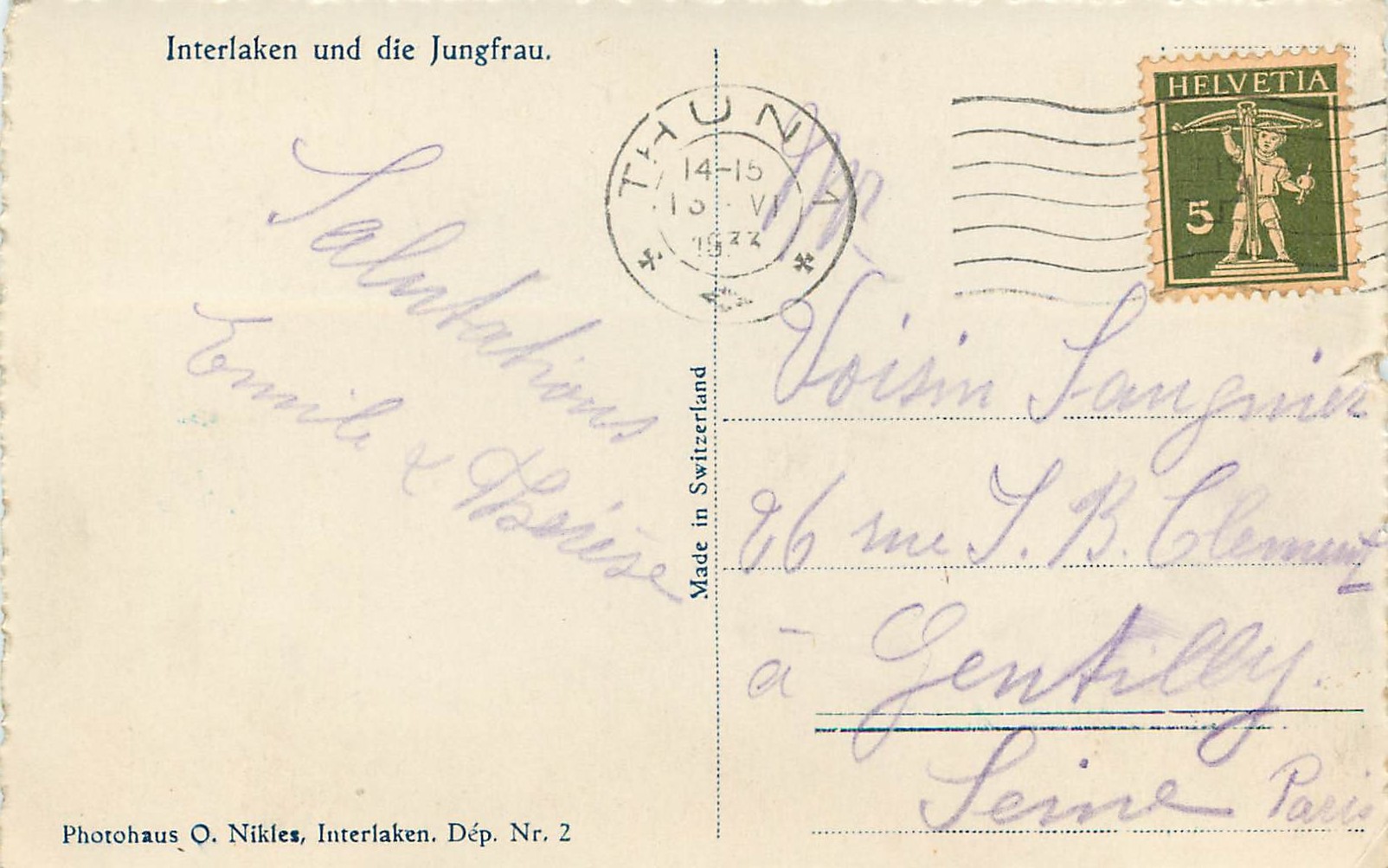 CPA Interlaken und die Jungfrau  — Back