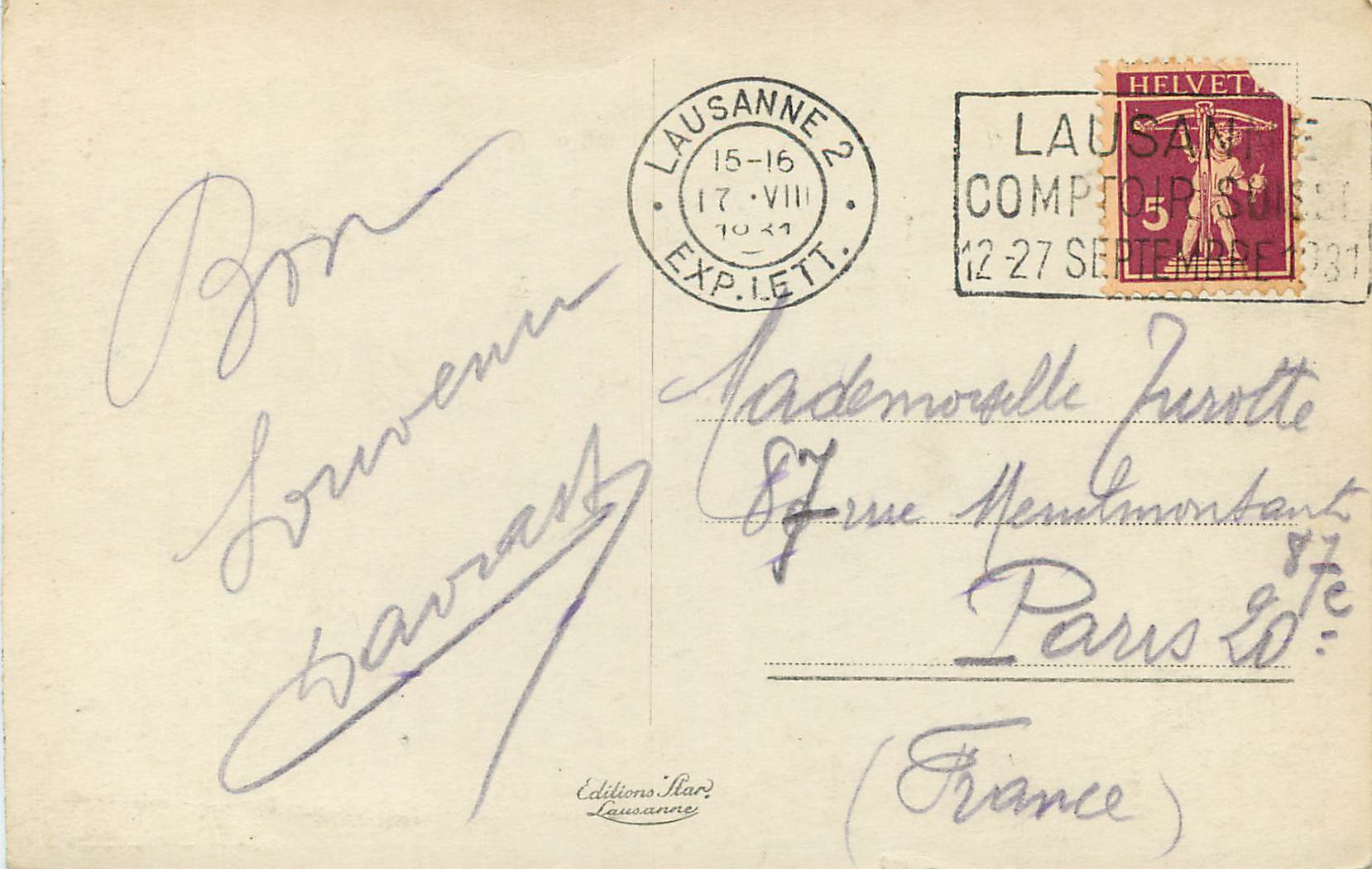 CPA Lausanne et les Alpes de Savoie  — Rückseite