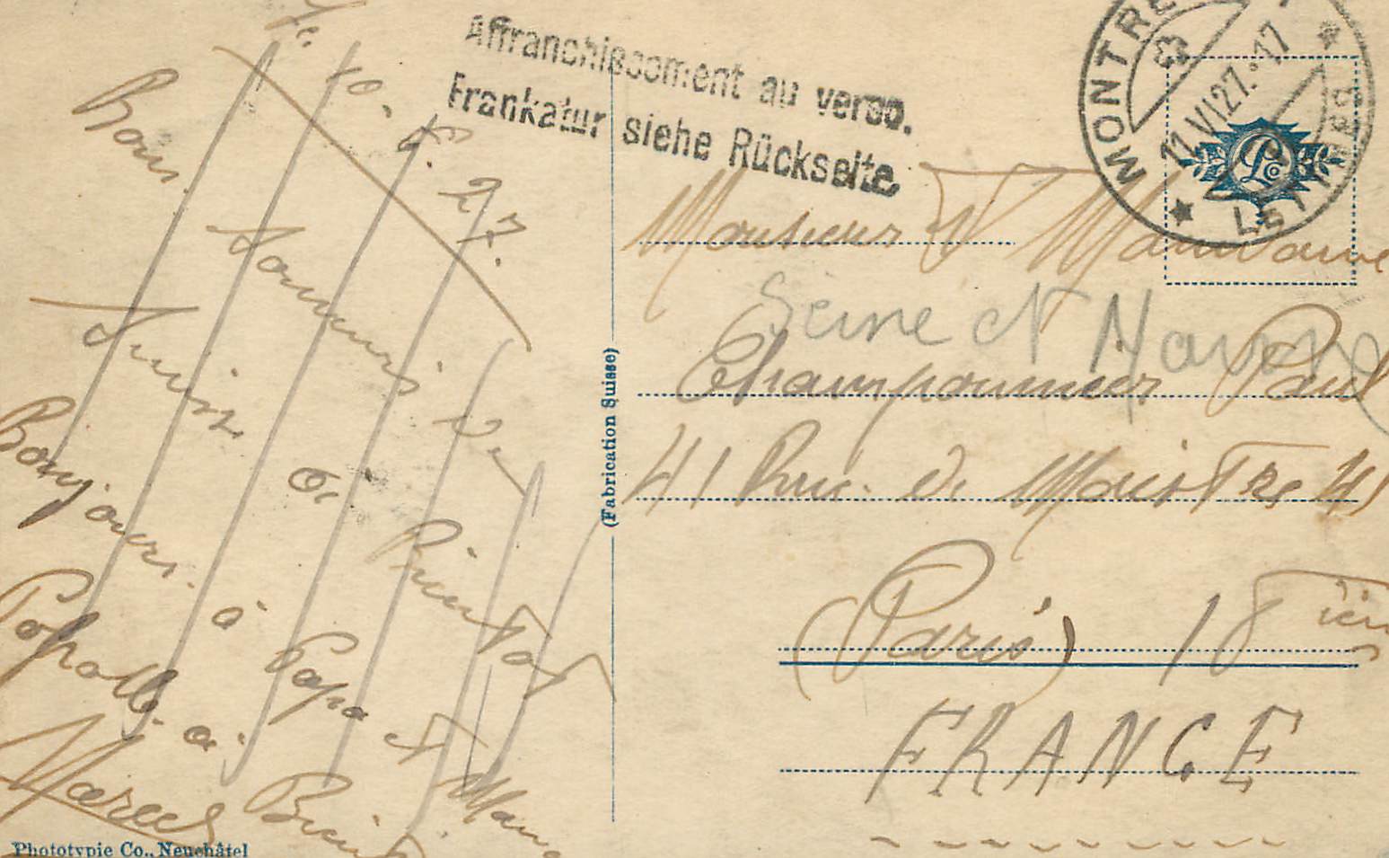 CPA Montreux La Grand Rue  — Rückseite