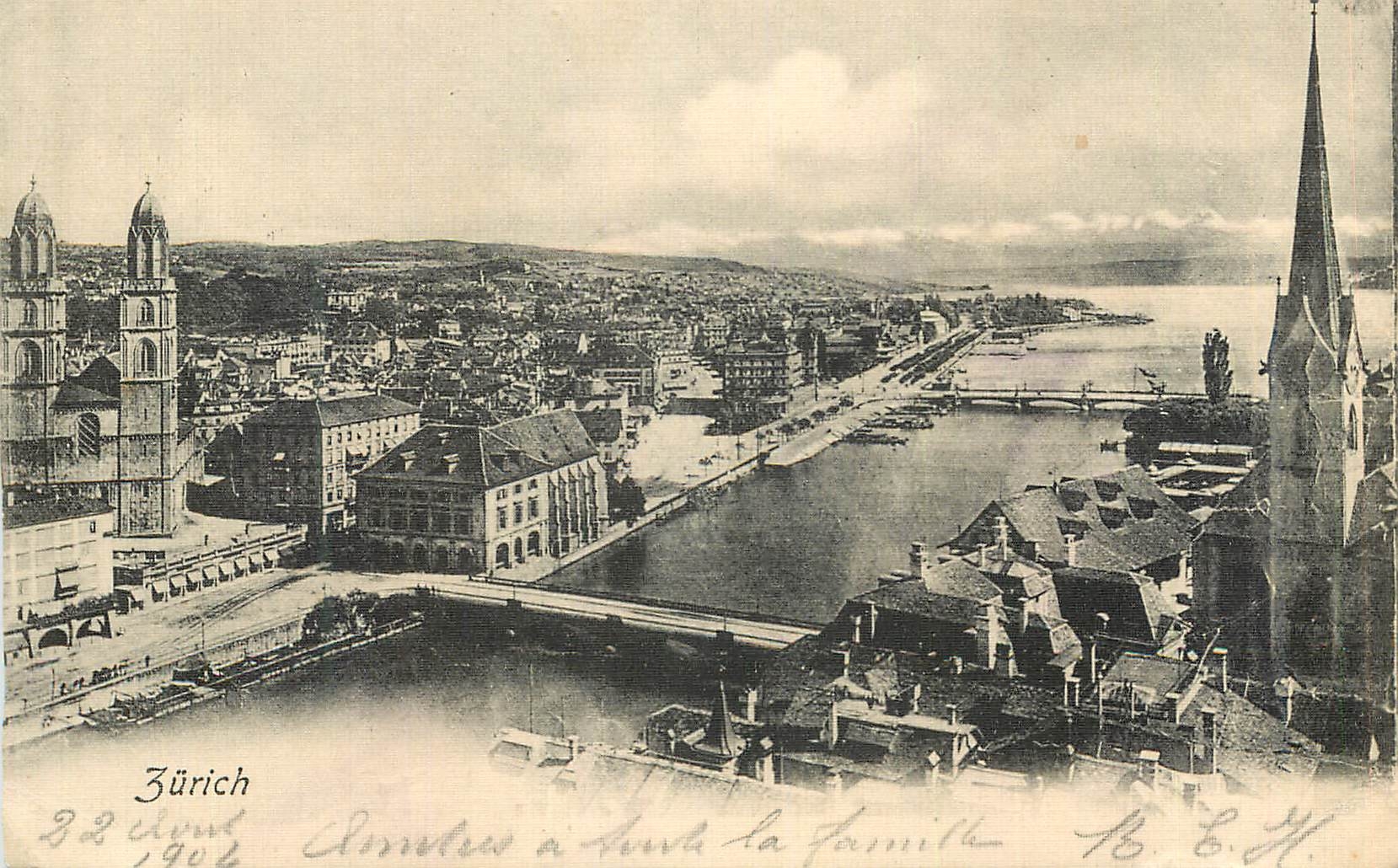 Zurich — vue aérienne du Rhin et du lac — éditeur non identifié, n° de série non visible