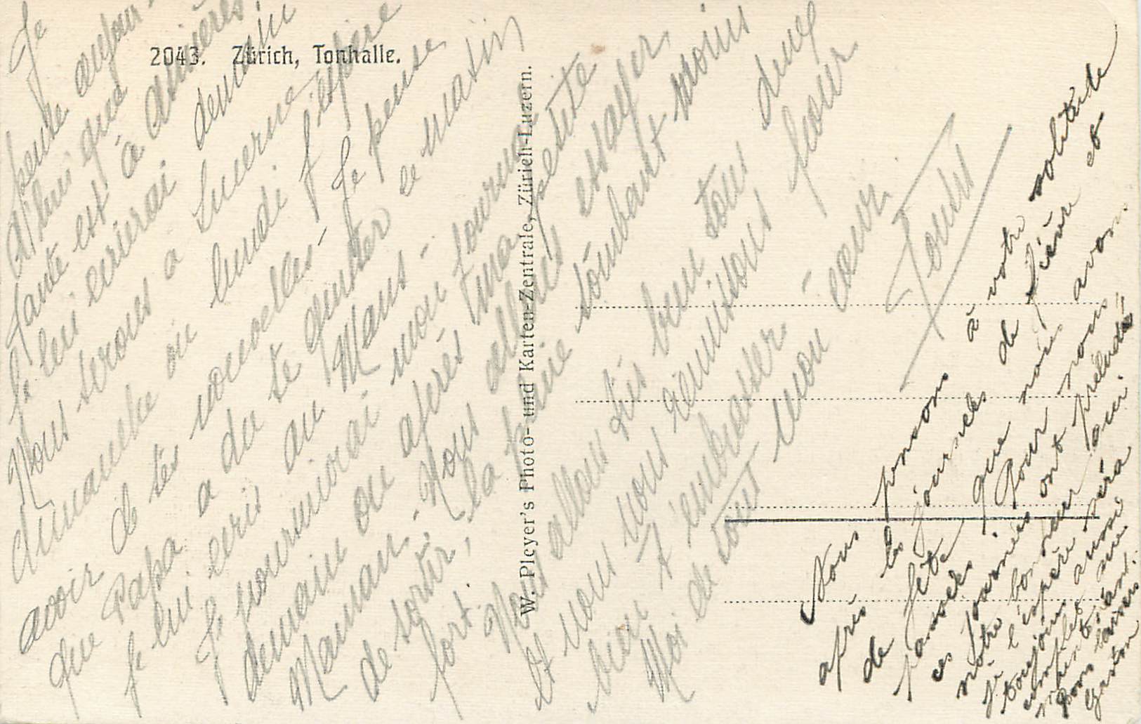Zurich, Tonhalle — éditeur W. Pleyer, n° 2043 — Rückseite