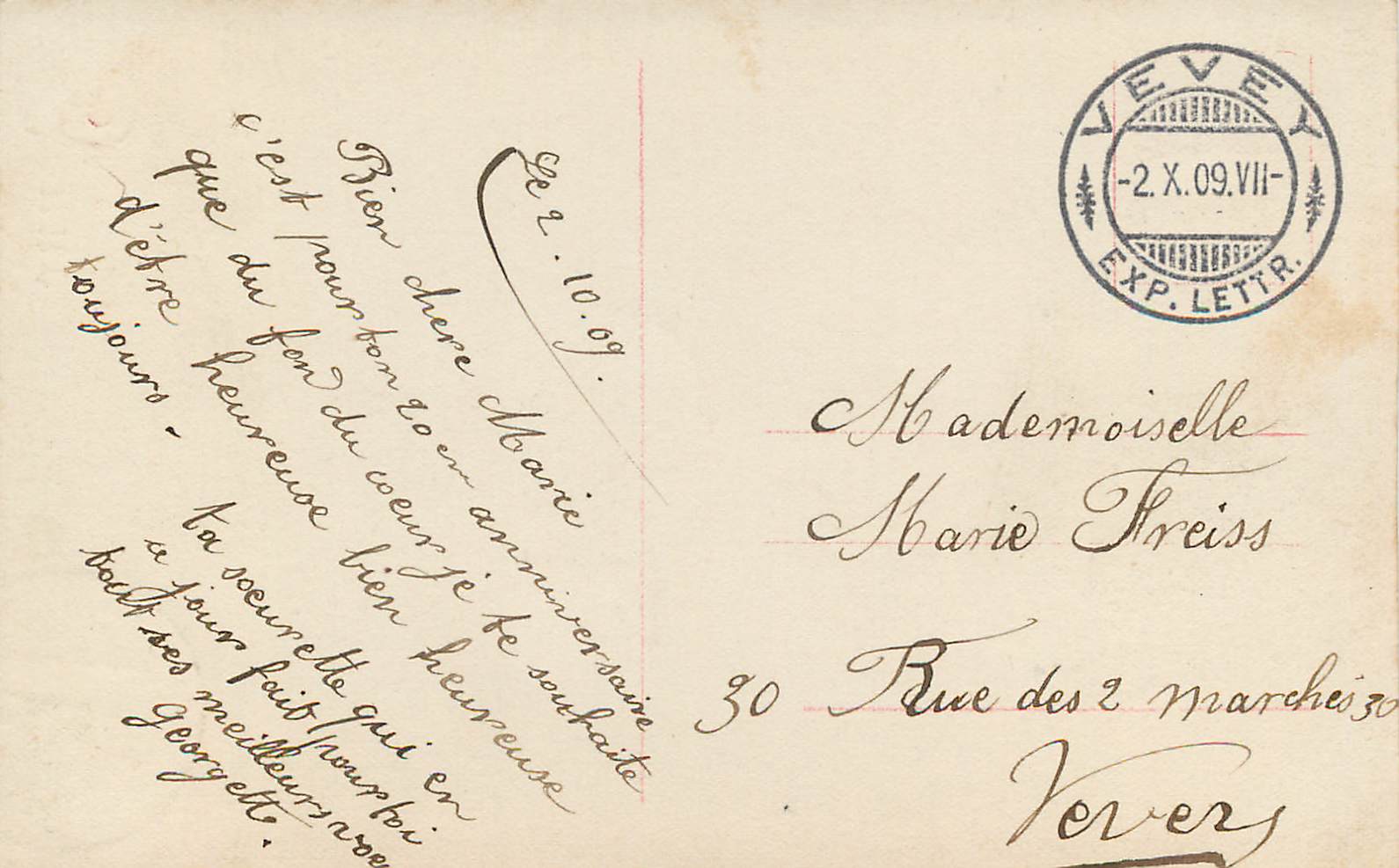 Jeune femme en robe rose tenant un bouquet — 'Bonne fête' — Helvetia 5 centimes, série 1645/46 — Achterkant