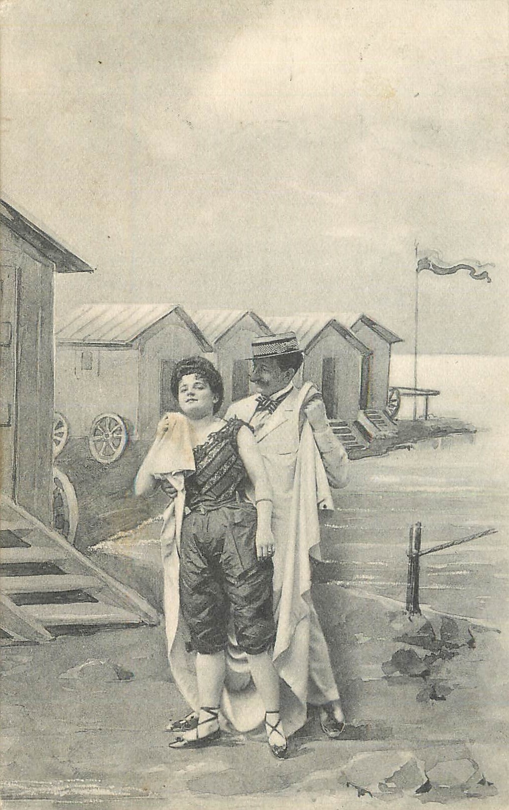Couple à la plage — cabanes de bains — éditeur non visible
