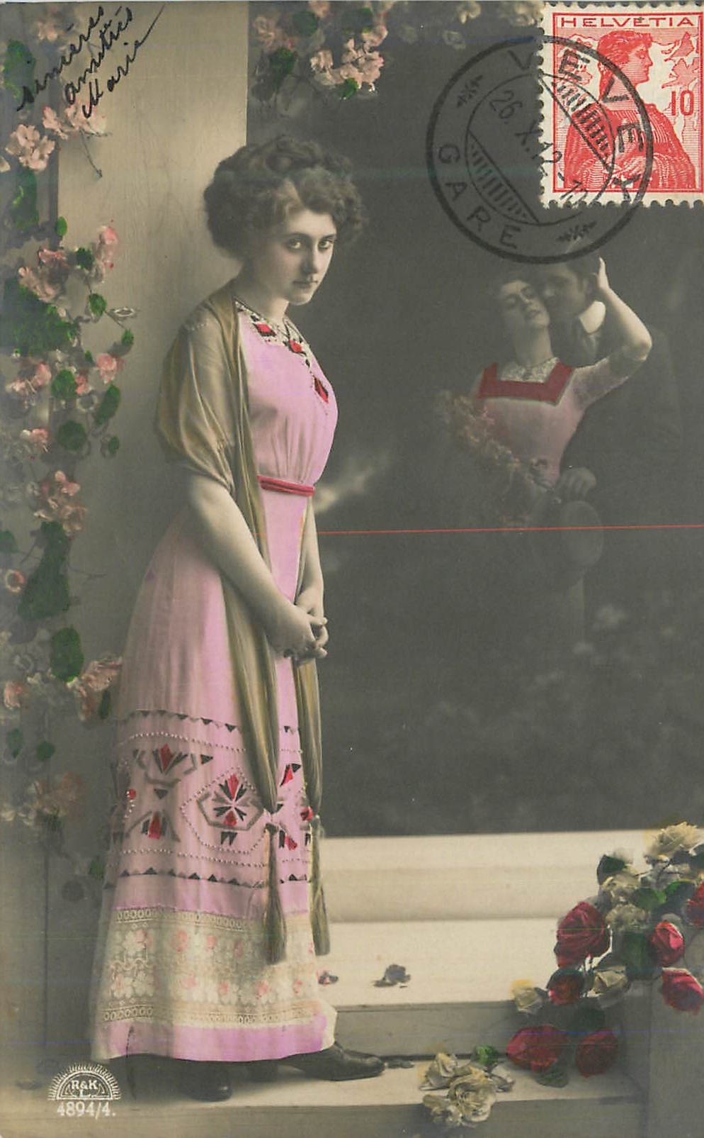 Young woman in a pink dress — floral decoration — publisher R.A.S. n°4894/4