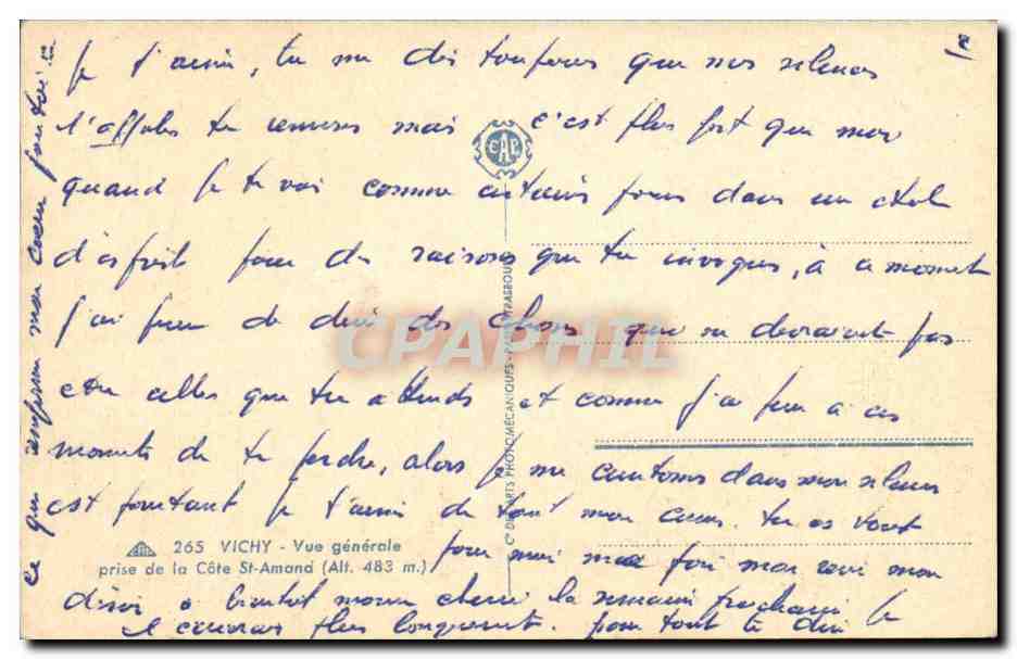 Vichy CPA Vue generale prise de la cote St Amand — Verso