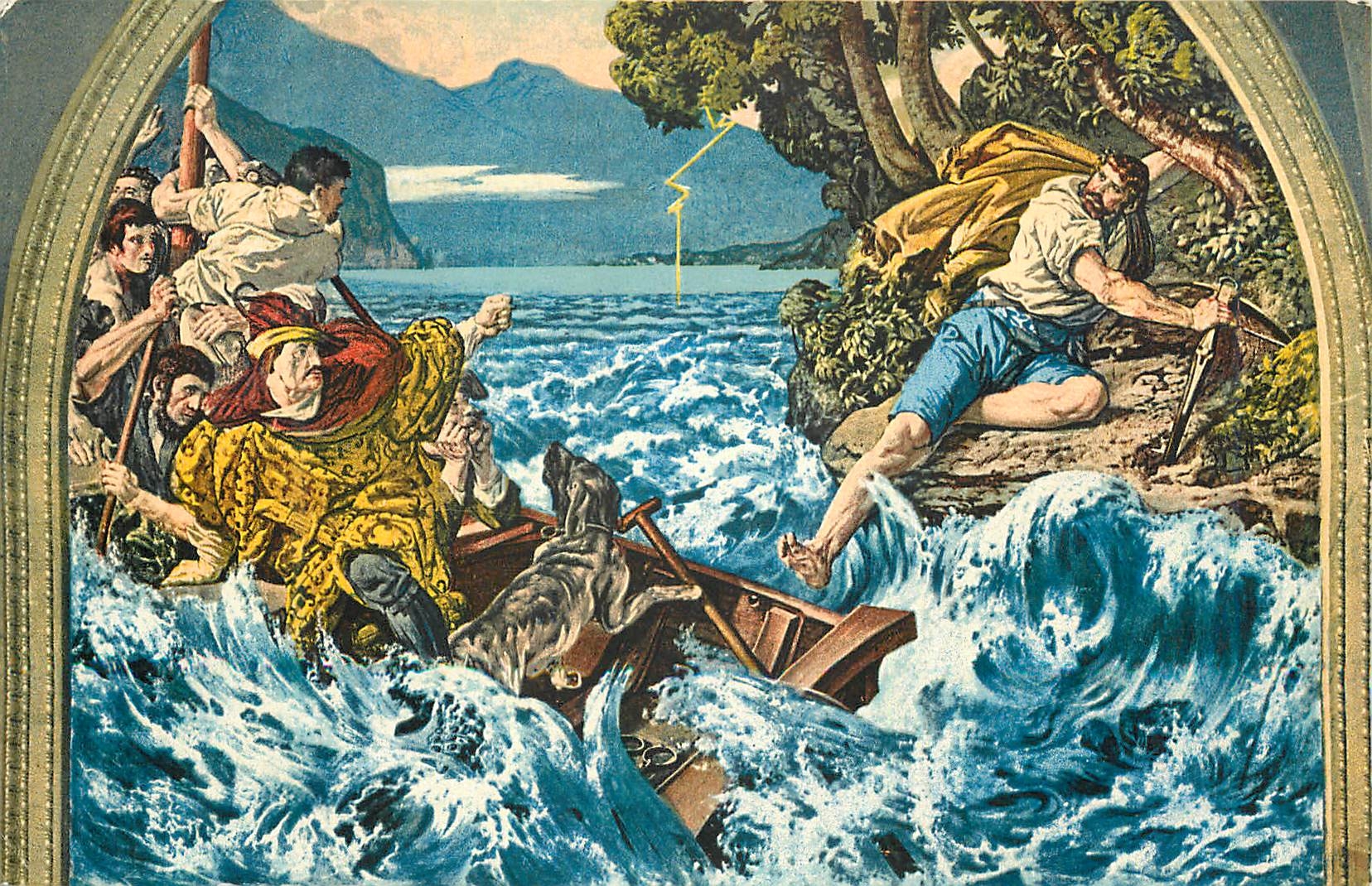 CPA Tells Sprung Nach dem Wandgemalde von Dr Stuckelberg in der Tellskapelle am Vierwaldstattersee Photoglob Wehrli A G 