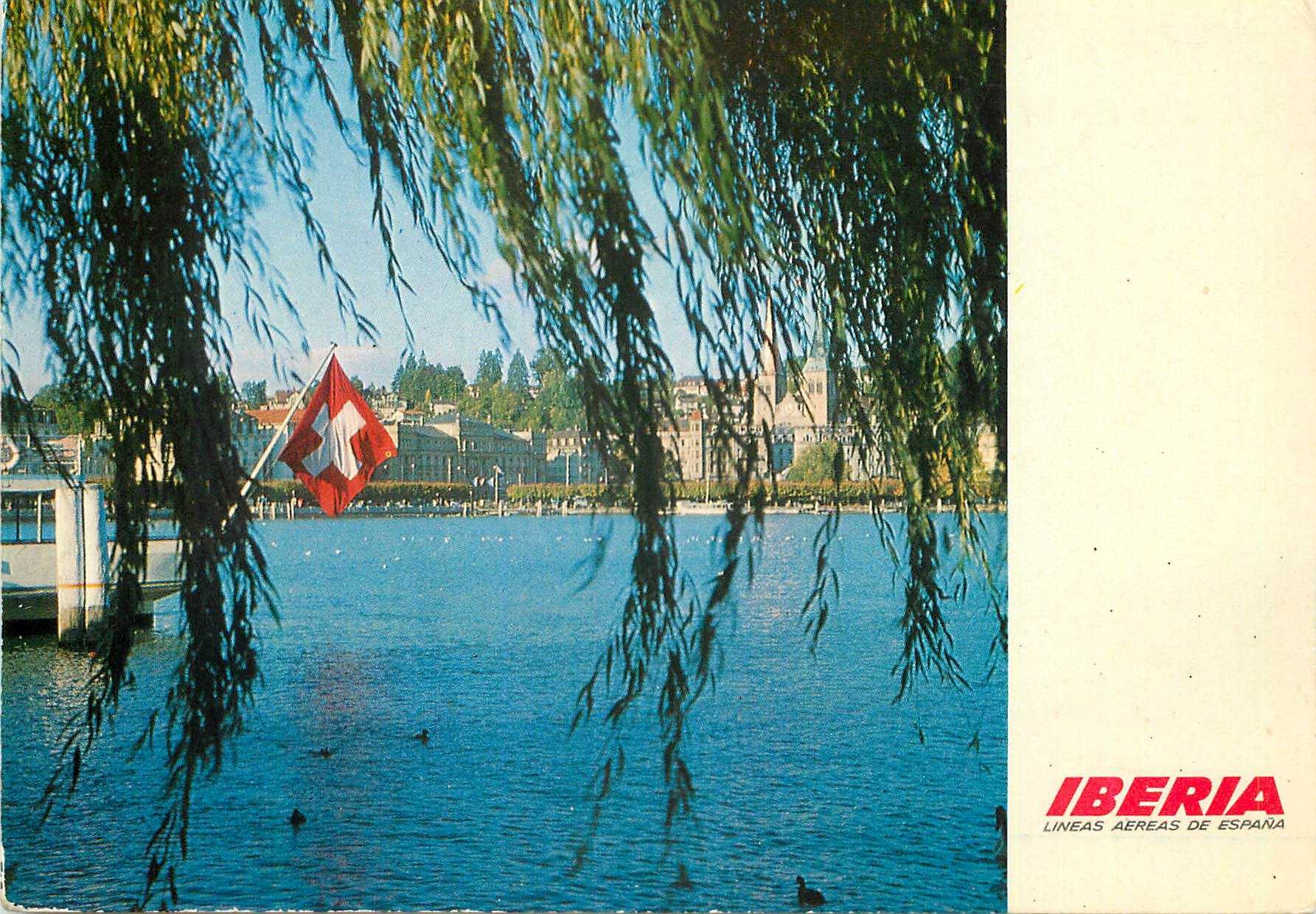 Lac de Genève — vue avec drapeau suisse — Iberia Líneas Aéreas de España
