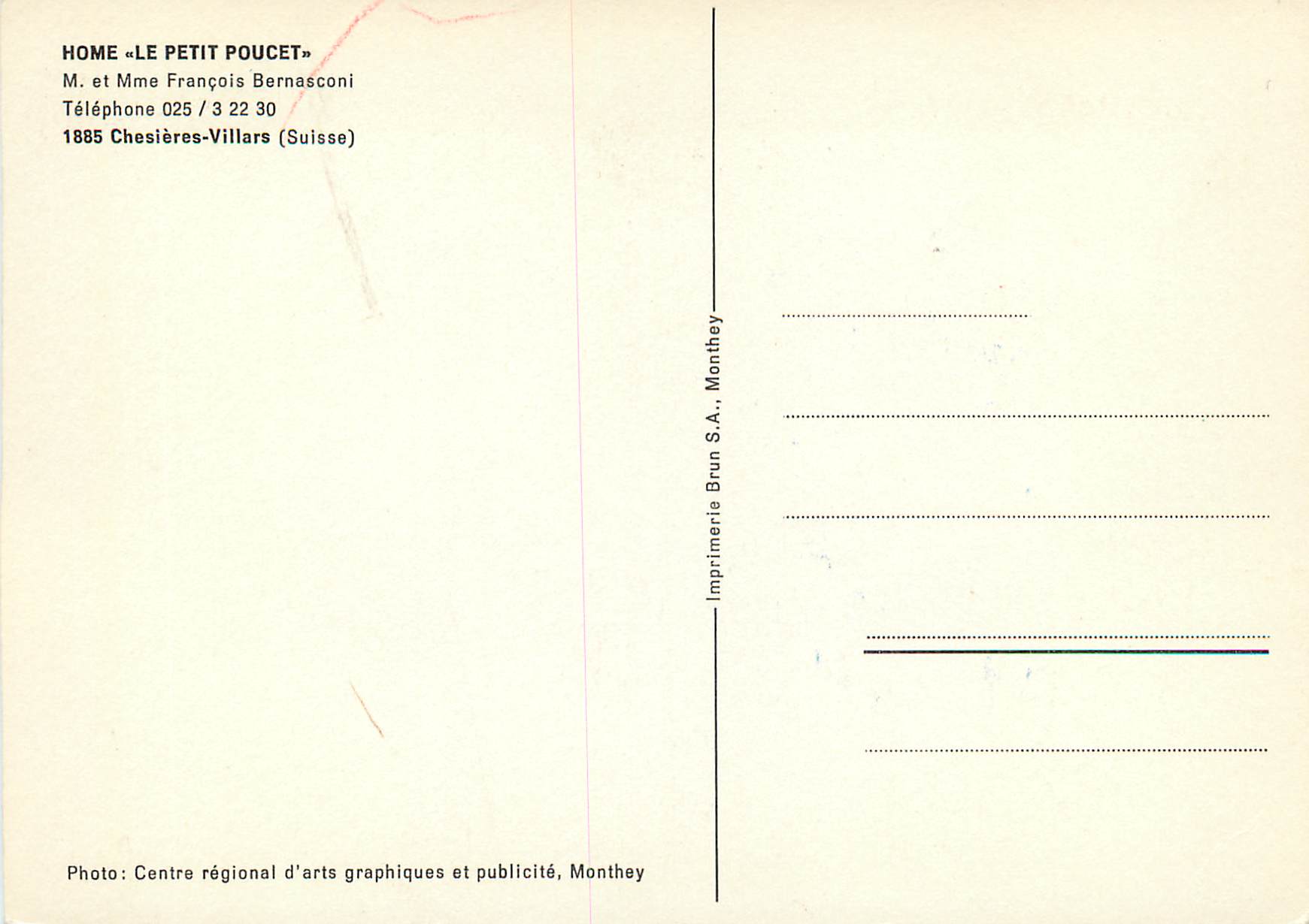 CPM Home Le Petit Poucet M et Mme Francois Bernasconi Telephone Chesieres Villars Suisse — Rückseite