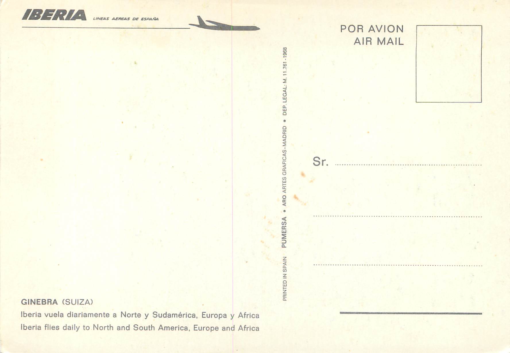 CPM Iberia Lineas Aereas de Espana Ginebra Suiza Iberia vuela diariamente e Norte y Sudamerica Europa y Africa — Rückseite