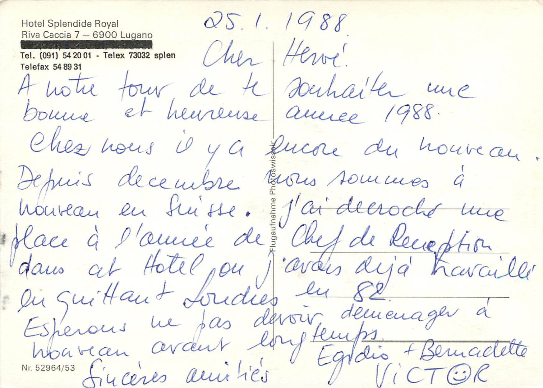 CPM Hotel Splendide Royal Riva Caccia Lugano Tel Telex splen Telefax — Rückseite