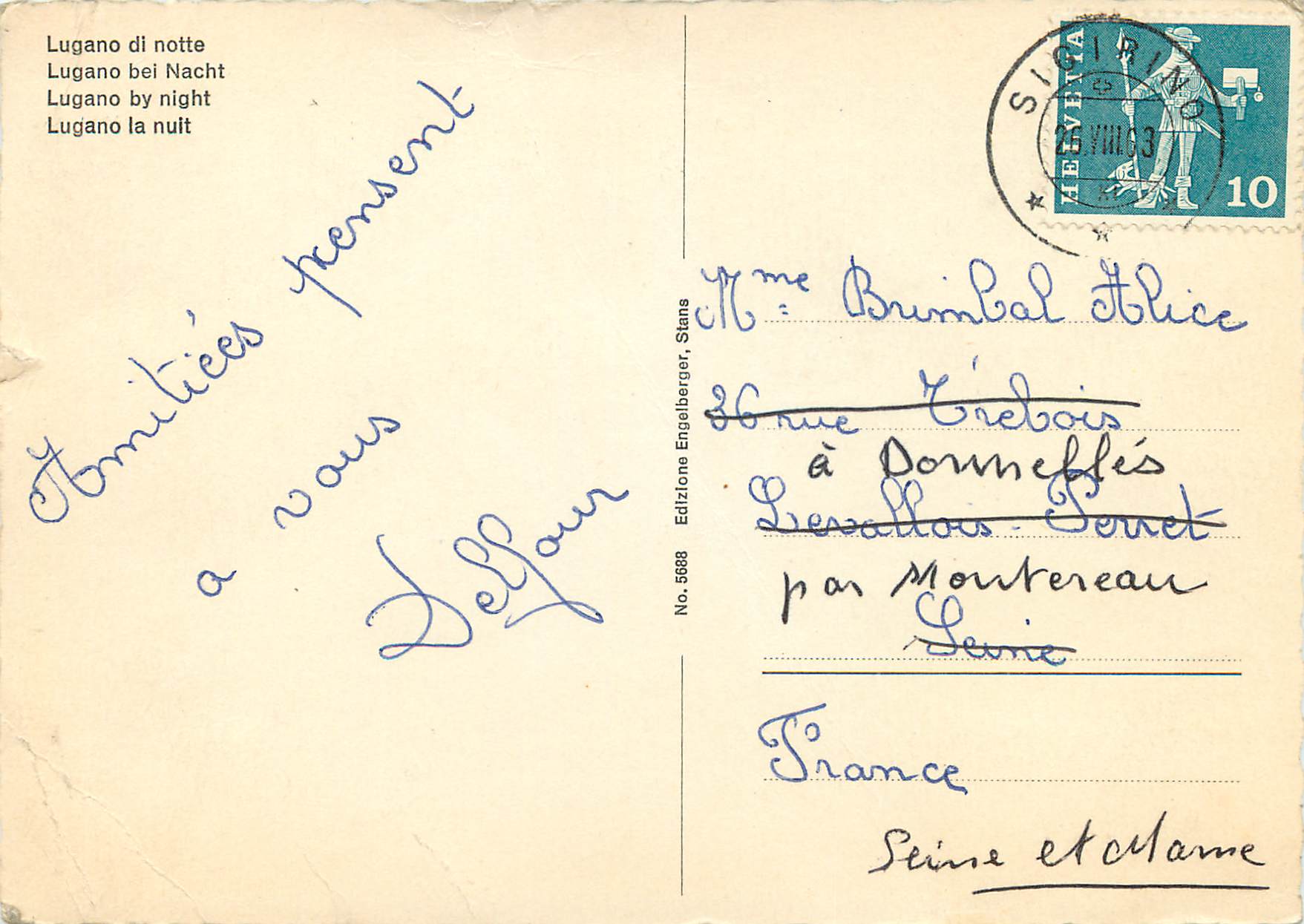 Fontaine de Lugano — nuit — Édition Engelberger, n°5688 — Verso