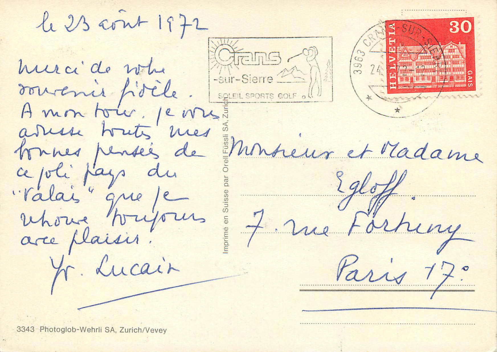 CPM Crans Montana Photoglob Wehrli S A Zurich Vevey — Back