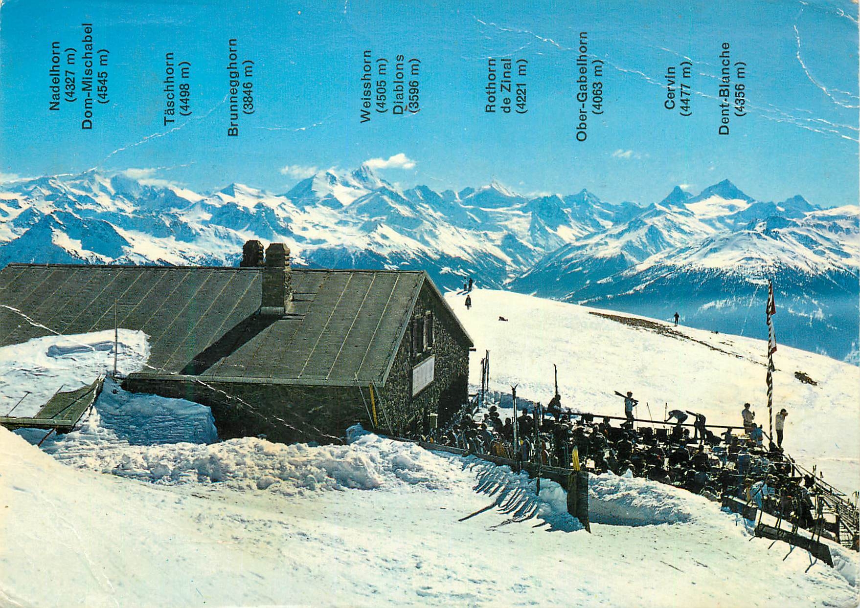Vue sur les Alpes valaisannes — Restaurant de « Bella-Lui » sur Crans-Montana (alt. 2600 m, VS, Suisse) — Imprimée en Suisse par Orell Füssli SA, Zurich