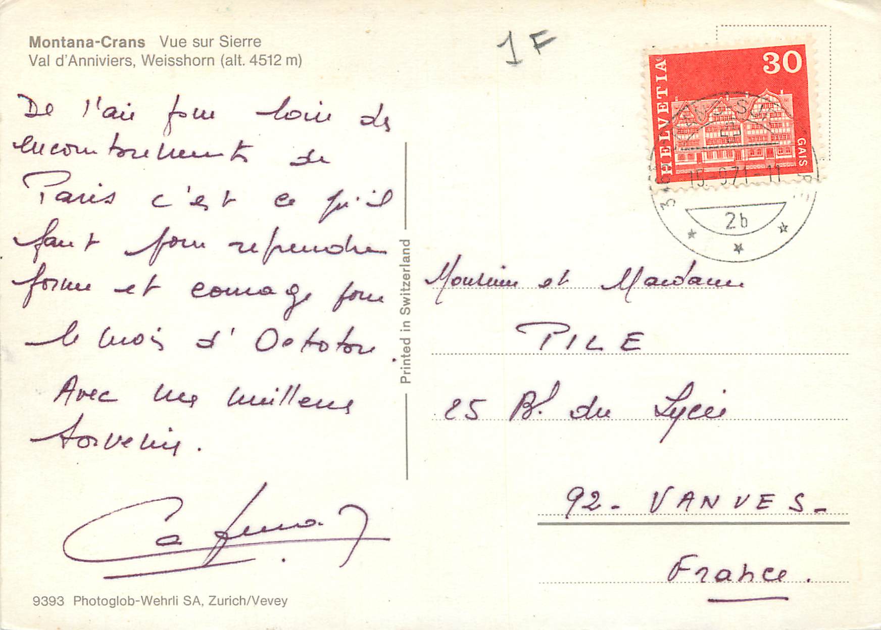 CPM Montana Crans Vue sur Sierre Val d Anniviers Weisshorn Photoglob Wehrli S A Zurich Vevey — Rückseite