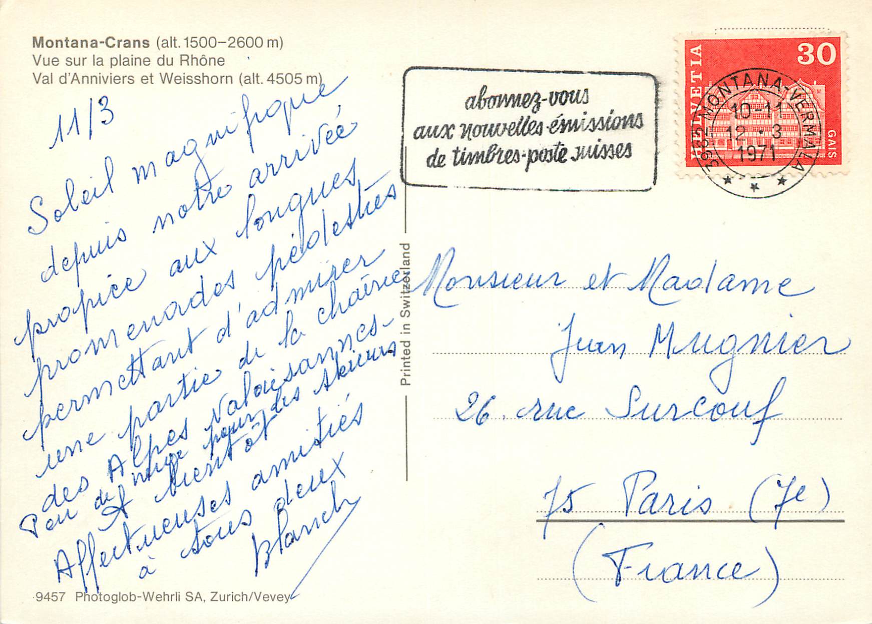 CPM Montana Crans alt m Vue sur la plaine du Rhone Val d Anniviers et Weisshorn — Back