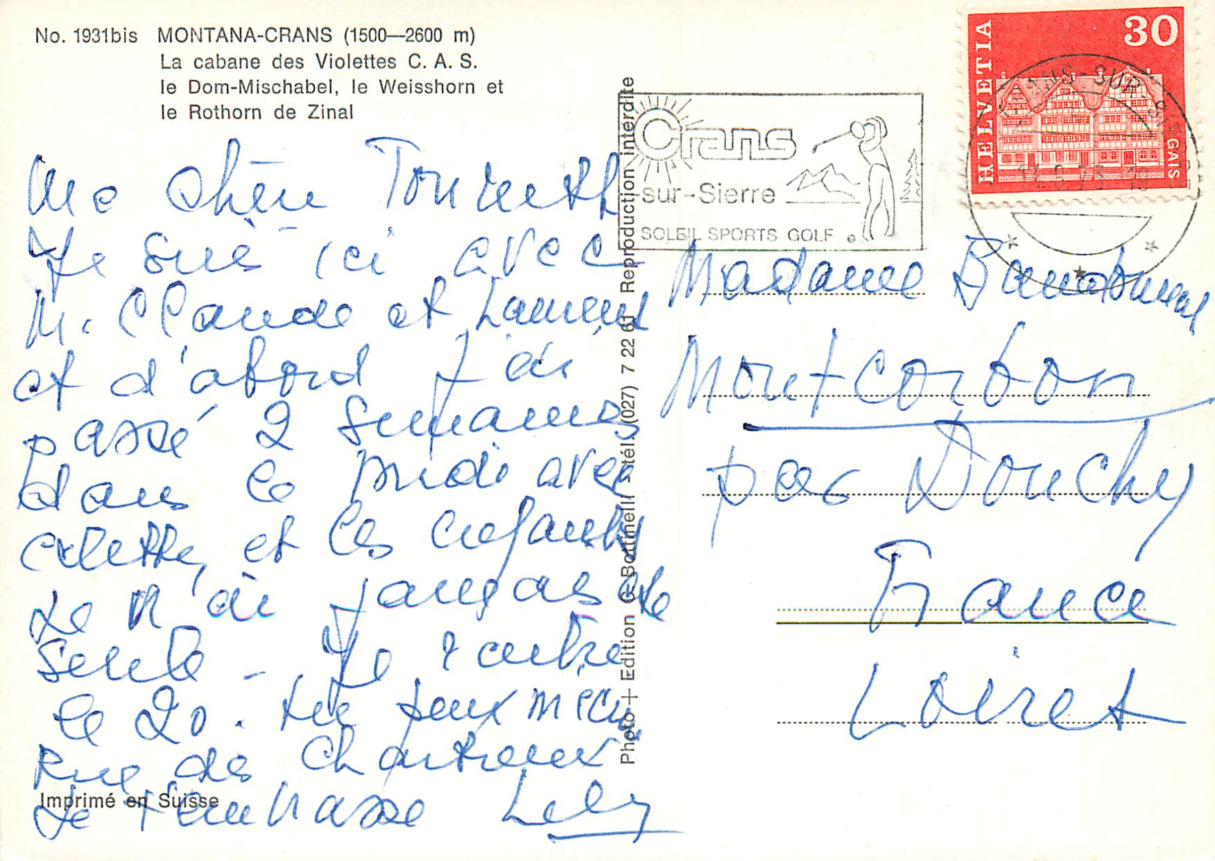 CPM Montana Crans La cabane des Violettes C A S le Dom Mischabel le Weisshorn et le Rothorn de Zinal — Verso