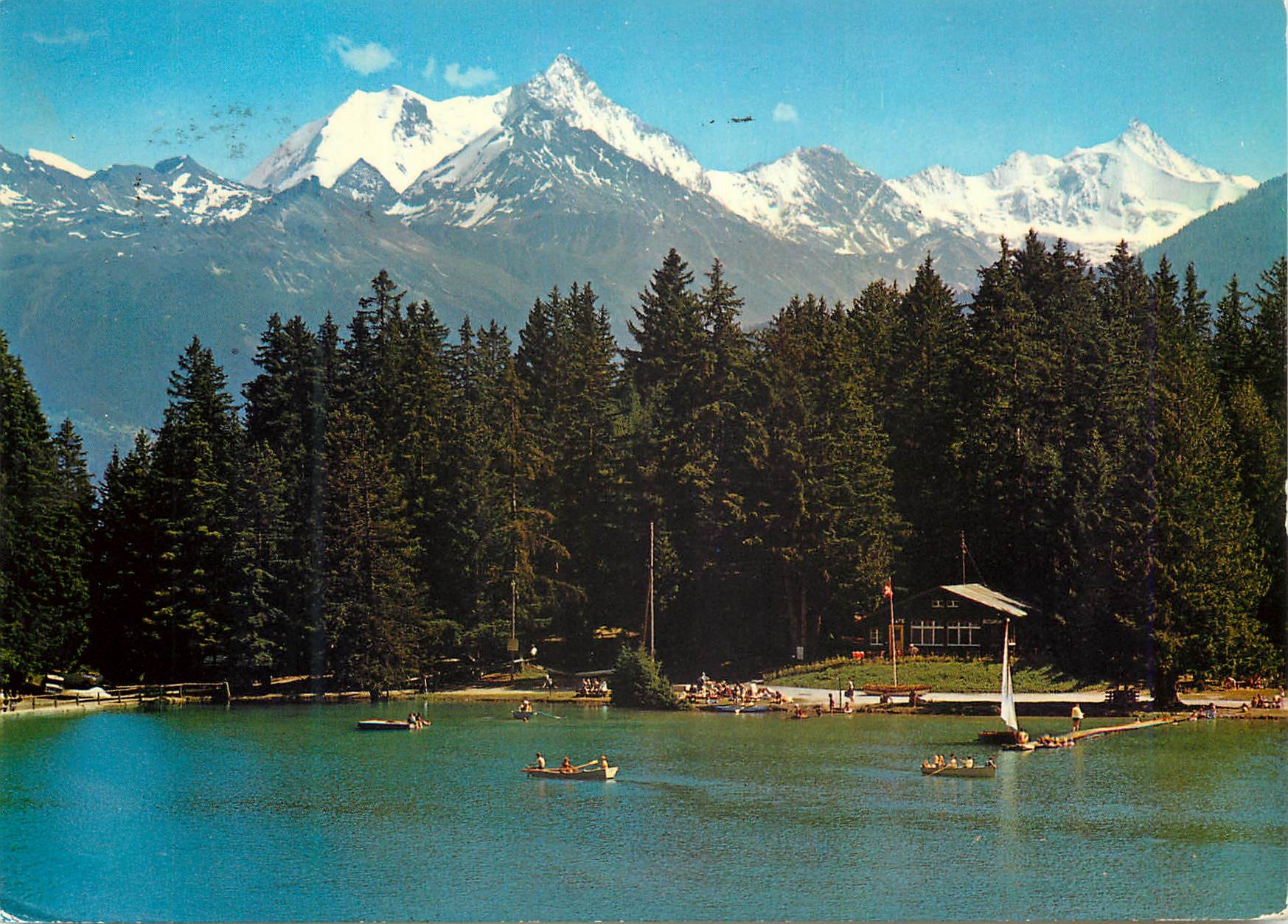 CPM Schweiz Suisse Switzerland Crans Montana alt Lac Moubra plage et camping et vue sur le Weisshorn